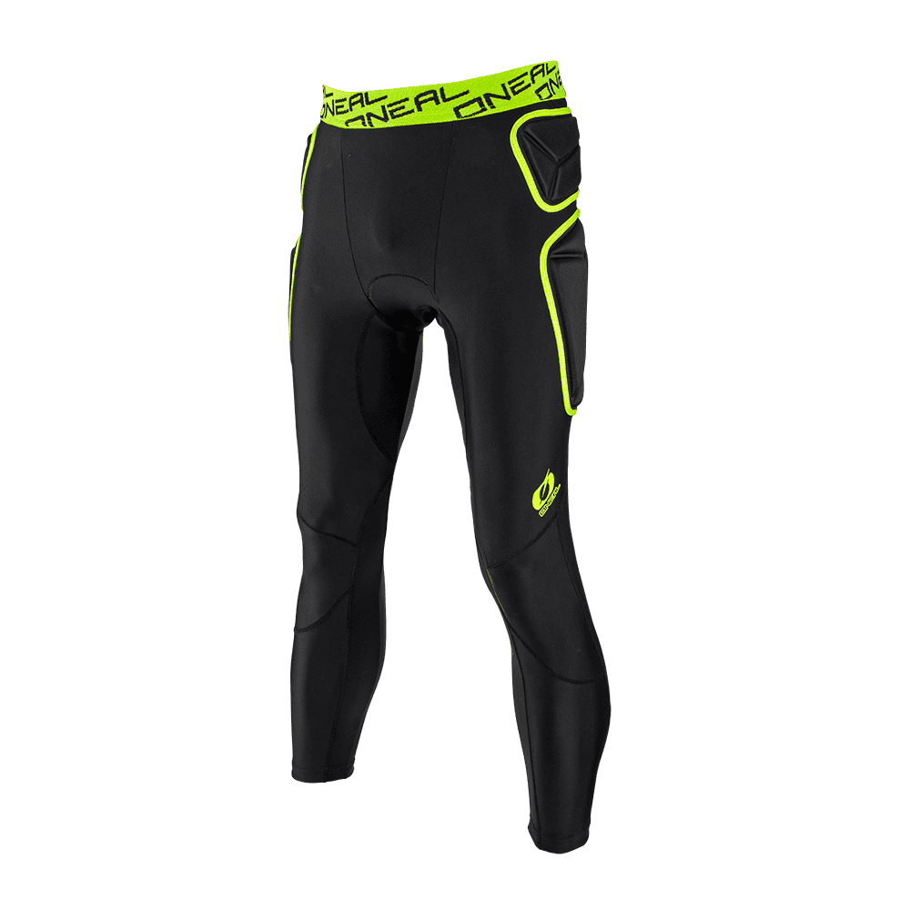 Die O'NEAL TRAIL Hose in Schwarz und Neon-Gelb von O'NEAL bietet gepolsterte Verstärkungen an Hüfte und Oberschenkel, breiten Bund mit Logo sowie verstärkte Panels, präsentiert auf schlichtem Hintergrund.