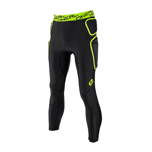 Die O'NEAL TRAIL Hose in Schwarz und Neon-Gelb von O'NEAL bietet gepolsterte Verstärkungen an Hüfte und Oberschenkel, breiten Bund mit Logo sowie verstärkte Panels, präsentiert auf schlichtem Hintergrund.