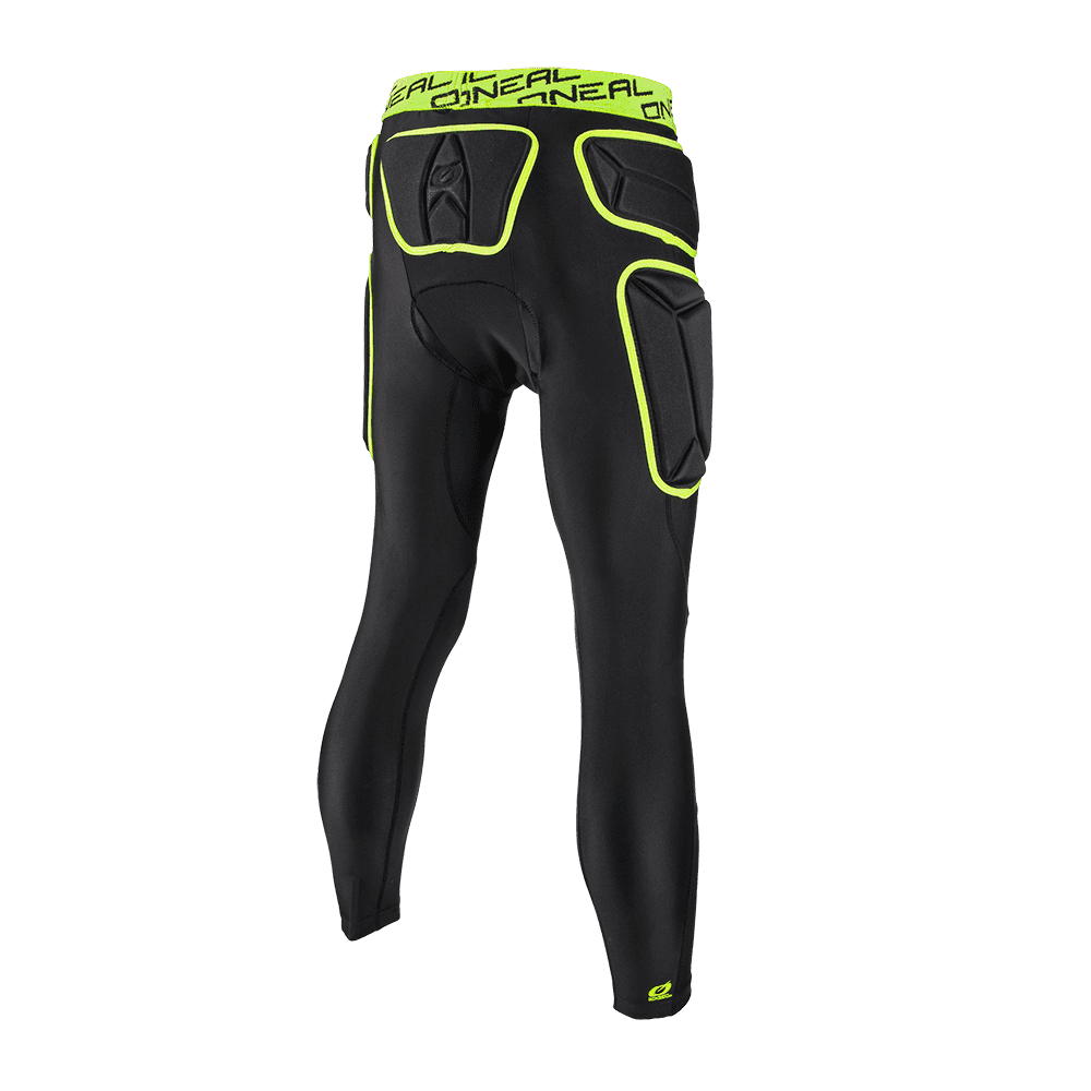 Die O'NEAL TRAIL Hose, hier von hinten in Schwarz und Neongelb, ist an Hüfte, Oberschenkel und Steißbein gepolstert und mit dem O'NEAL"-Schriftzug am Bund versehen - für Komfort und Schutz beim Trailreiten.