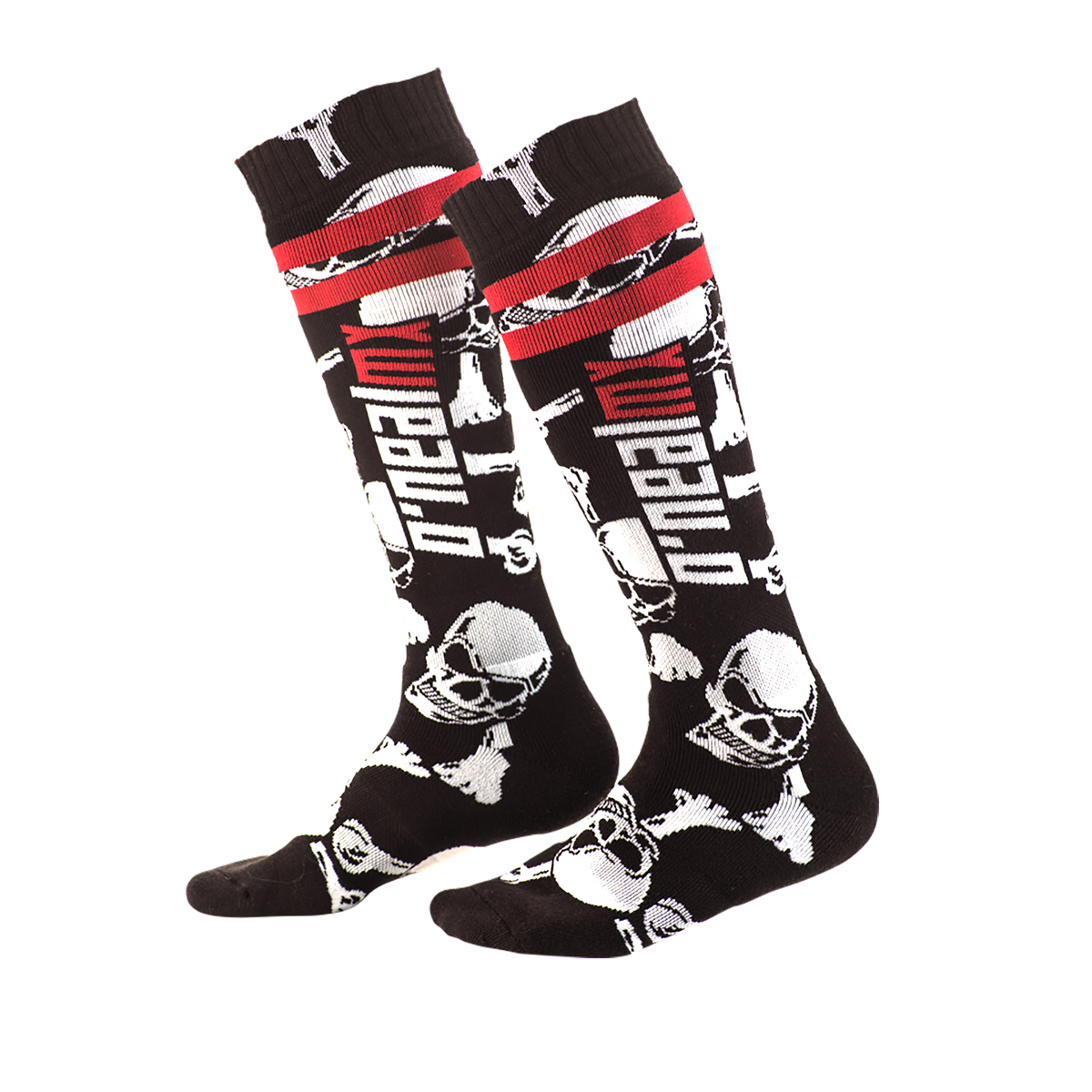 Die O'NEAL PRO MX Socke CROSSBONE Kniestrümpfe sind mit einem weißen Totenkopf, roten und weißen Streifen an der Oberseite und dem Schriftzug "O'NEAL" versehen - ein klassischer Motocross-Style für jede Fahrt.