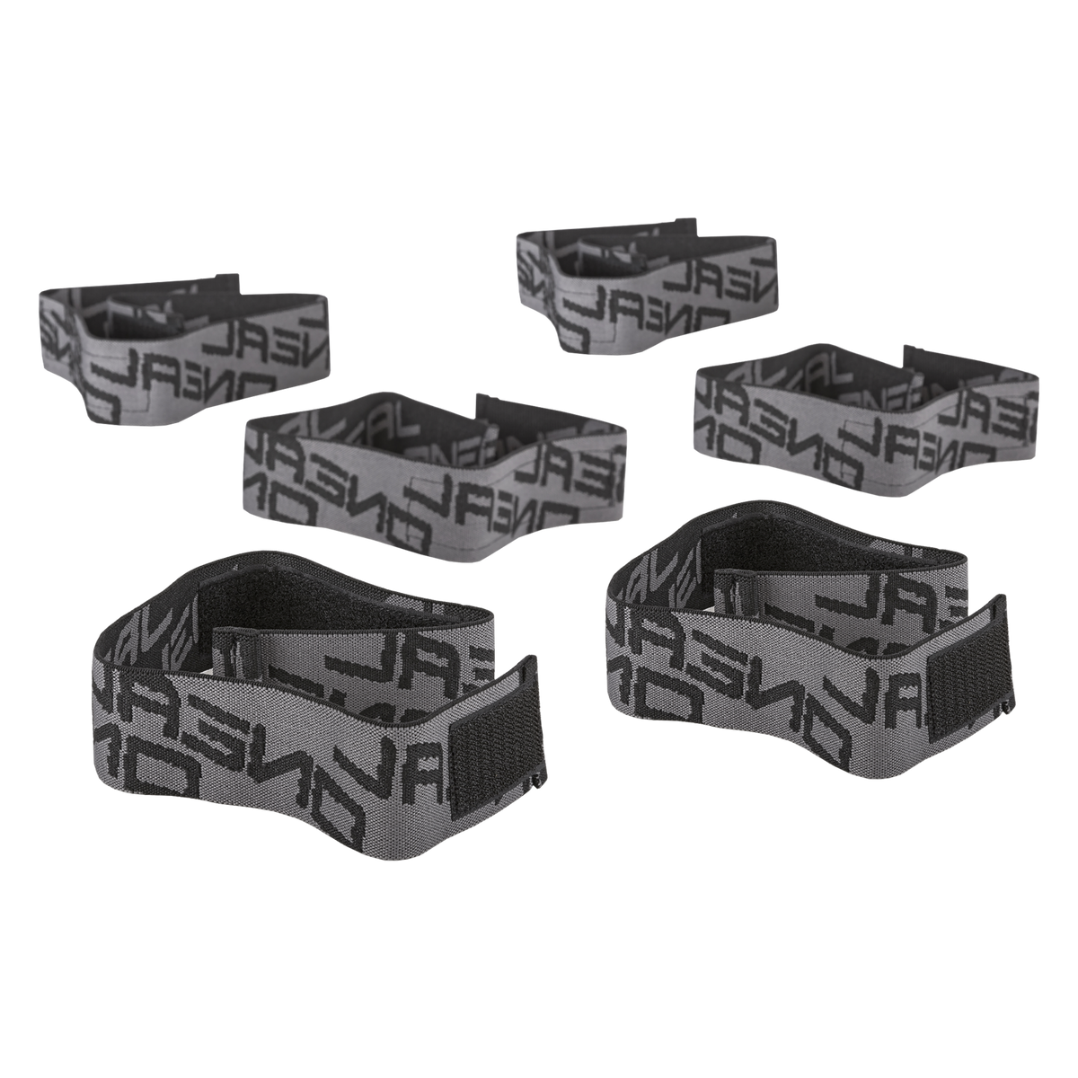 Sechs schwarze und graue O'NEAL-Gummibänder für PUMPGUN-Knieschutz mit einem sich wiederholenden stilisierten Markenlogo sind auf weißem Hintergrund angeordnet.