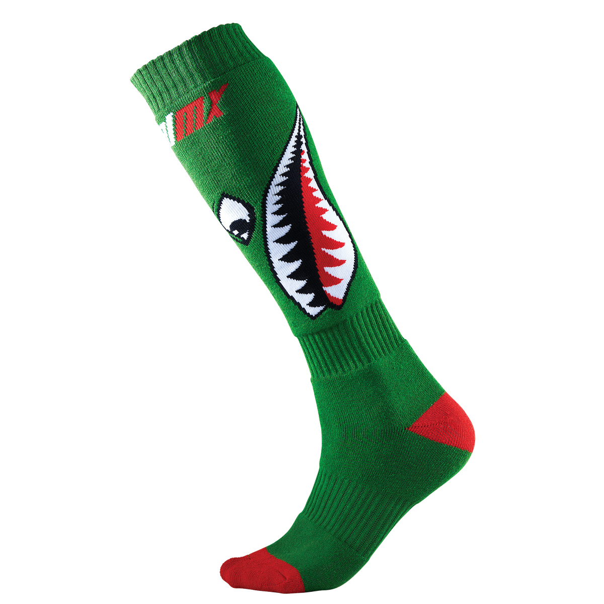 Die O'NEAL PRO MX Socke BOMBER von O'NEAL ist eine grüne, kniehohe Mountainbike-Socke mit roten Zehen- und Fersenakzenten und der Grafik eines Hais mit offenem Maul, scharfen Zähnen und einem weißen Auge an der Seite.