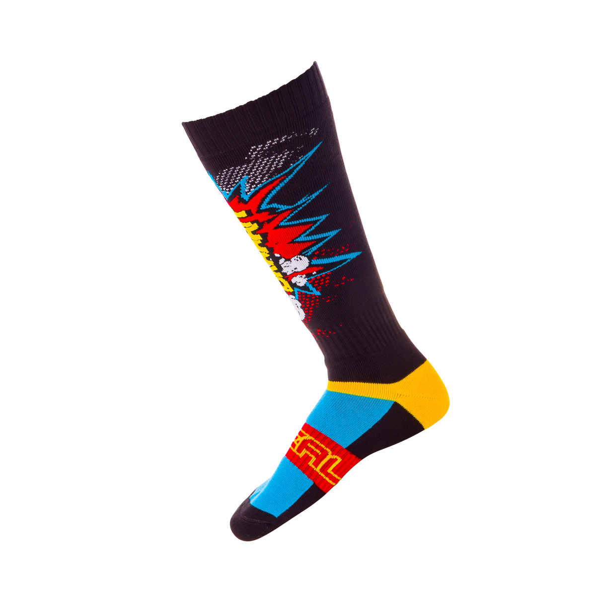 Ergänzen Sie Ihre O'NEAL PRO MX SOCK-Kollektion mit der O'NEAL PRO MX Socke BRAAAPP - diese kniehohe Socke ist mit ihrer lebendigen Comic-Grafik und dem dynamischen "POW!"-Design perfekt für Motocross-Flair.