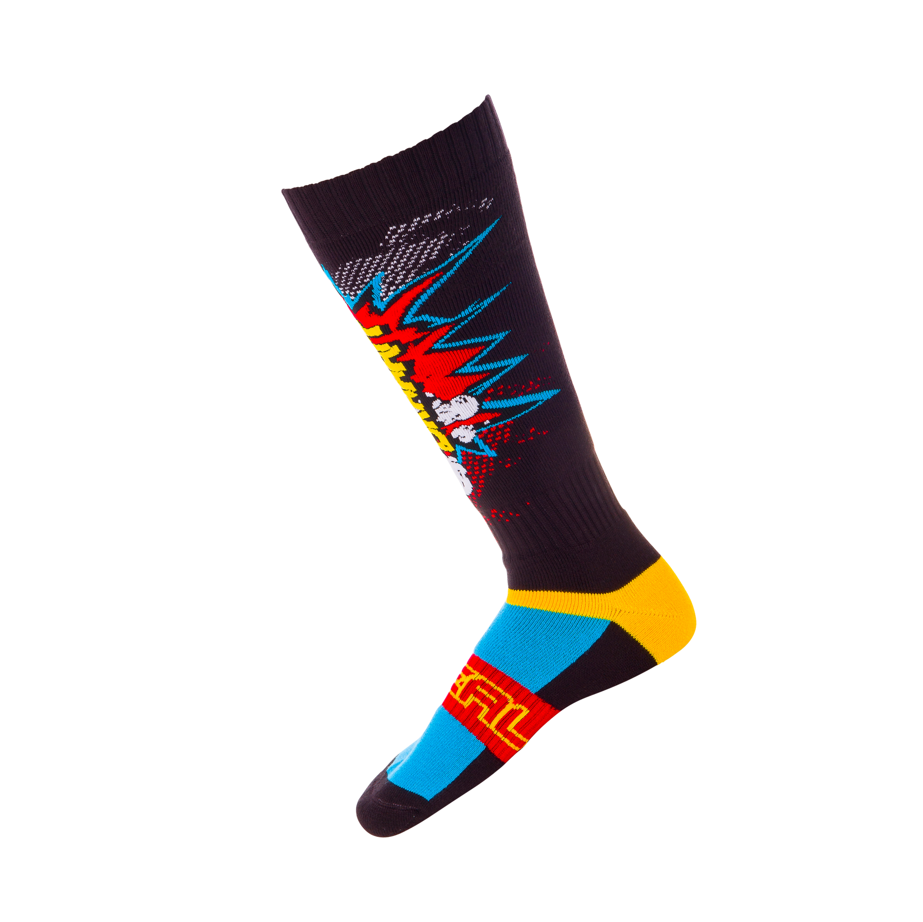 Ergänzen Sie Ihre O'NEAL PRO MX SOCK-Kollektion mit der O'NEAL PRO MX Socke BRAAAPP - diese kniehohe Socke ist mit ihrer lebendigen Comic-Grafik und dem dynamischen "POW!"-Design perfekt für Motocross-Flair.