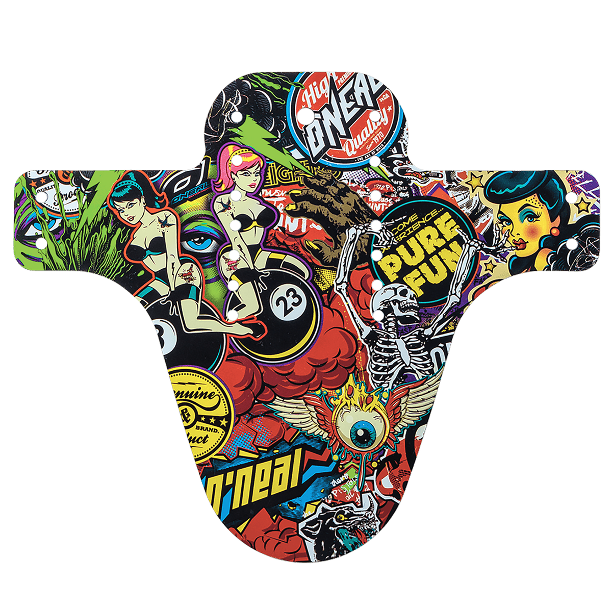 Das AZONIC SPLATTER Schutzblech CRANK von AZONIC ist ein farbenfrohes Fahrradschutzblech mit lebendigen Pop-Art-Aufklebern, die Cartoon-Frauen, ein Skelett, Totenköpfe, einen geflügelten Augapfel, fetten Text und auffällige grafische Designs zeigen.