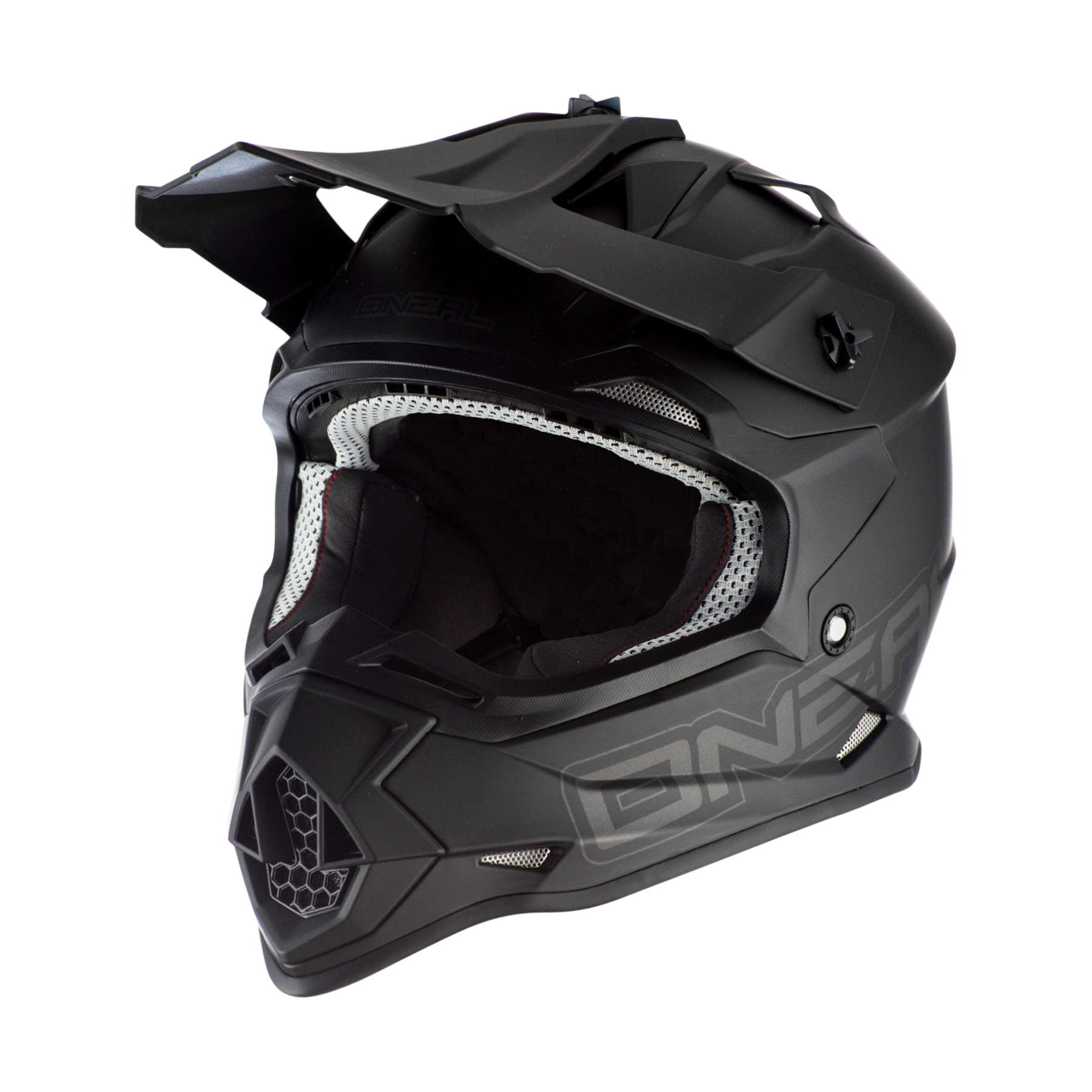 Der O'NEAL 2SRS Helm FLAT ist ein mattschwarzer Fullface-Motocross-Helm mit einem markanten Visier, einem großen Kinnschutz und einer Innenausstattung aus weißem Mesh - ideal für ernsthafte Fahrer. Fotografiert auf einem weißen Hintergrund.