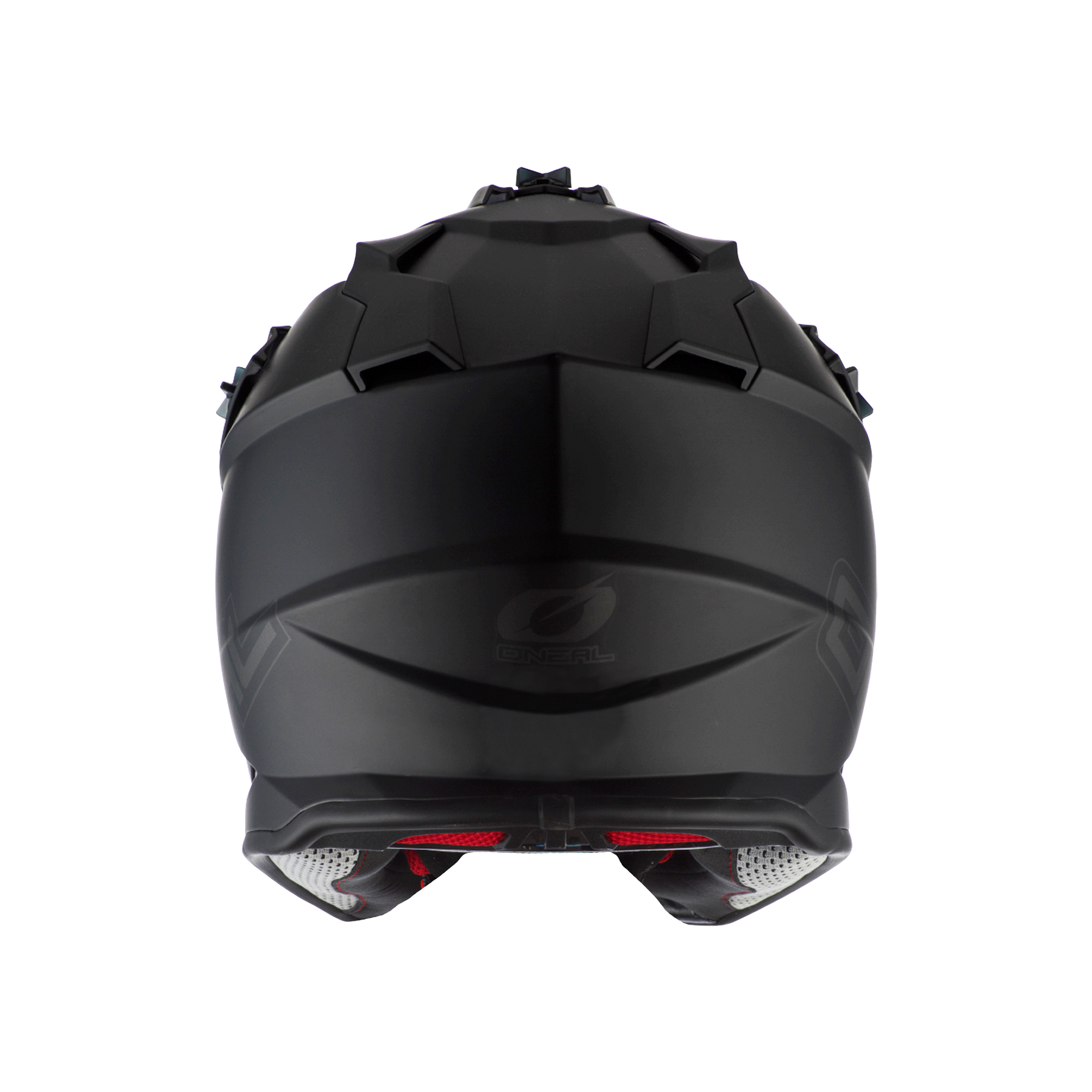 Rückansicht des O'NEAL 2SRS Helm FLAT in mattem Schwarz mit kantigem Design, Belüftungsöffnungen und roten reflektierenden Akzenten - unverzichtbar für Sicherheit und Stil auf Ihrer Fahrt.