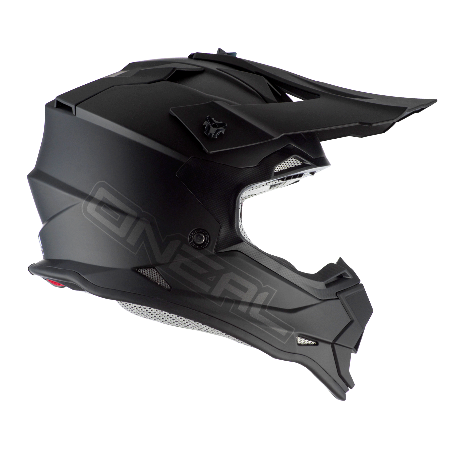 Der O'NEAL 2SRS Helm FLAT ist ein mattschwarzer Fullface-Motocross-Helm mit Visier, kantigen Linien und Kinnschutz, der mit dem kultigen O'NEAL-Logo versehen ist - ein Muss für ernsthafte Fahrer.