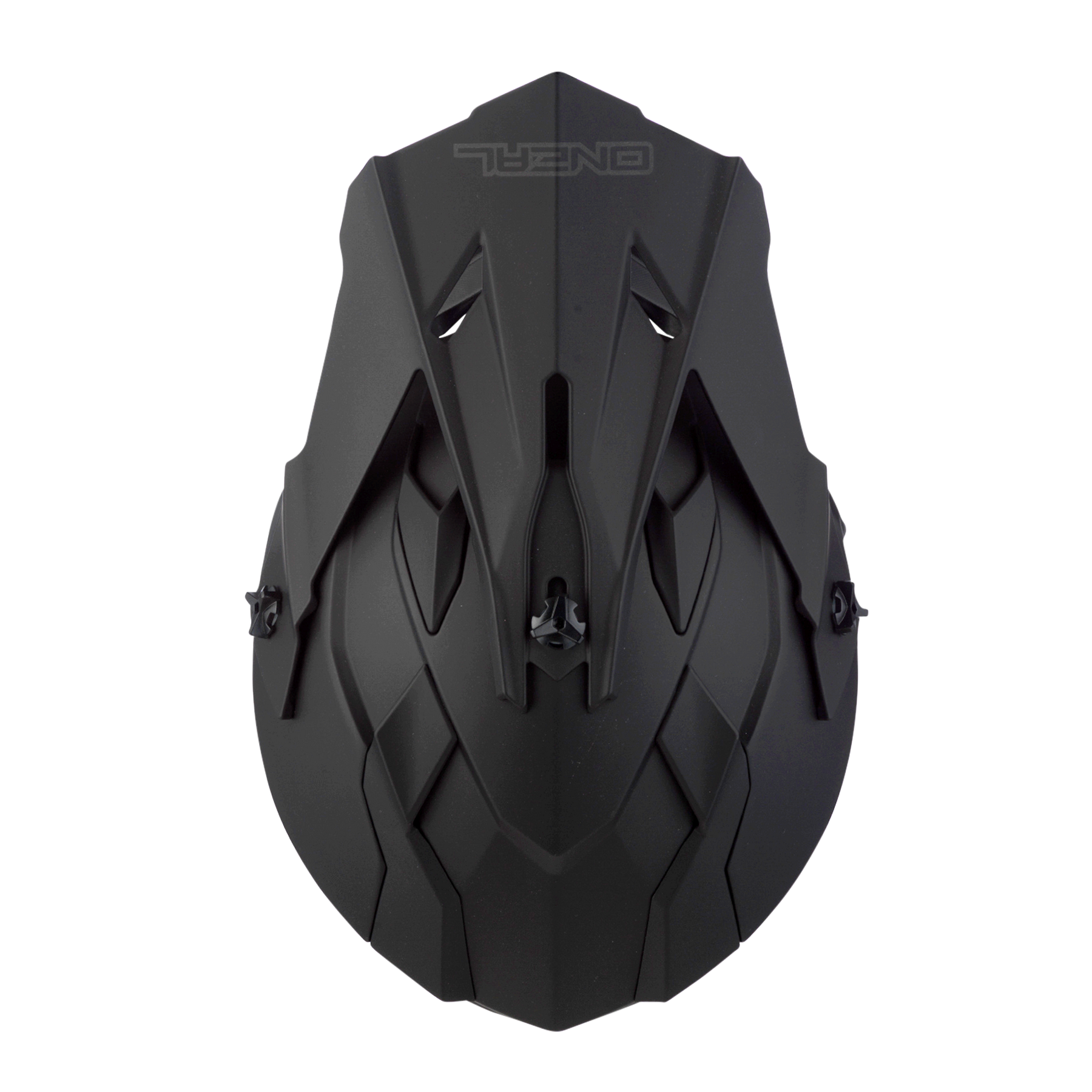 Ein mattschwarzes, kantiges O'NEAL 2SRS Helm FLAT Fahrradhelmvisier mit scharfen geometrischen Linien, von oben gesehen. Perfektes Fahrradzubehör von O'NEAL mit auffälligem Branding im oberen Bereich für einen markanten Look.