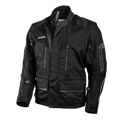 Die O'NEAL BAJA Enduro Moveo Jacke in Schwarz ist mit Taschen ausgestattet und ideal für Motorsportler.