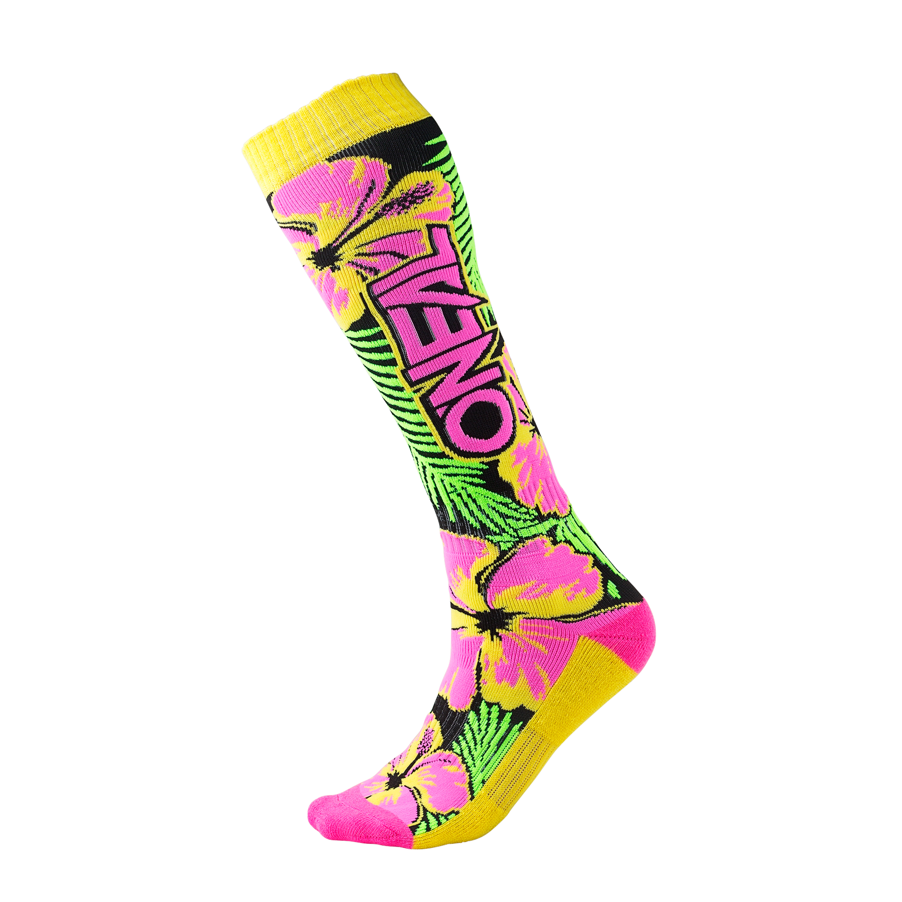 Die O'NEAL PRO MX Socke ISLAND ist eine farbenfrohe Mountainbike-Socke mit gelbem, rosa und grünem Hibiskusblüten-Muster, gelben Akzenten an Oberseite, Ferse und Spitze sowie einem auffälligen "O'NEAL"-Schriftzug an der Seite.
