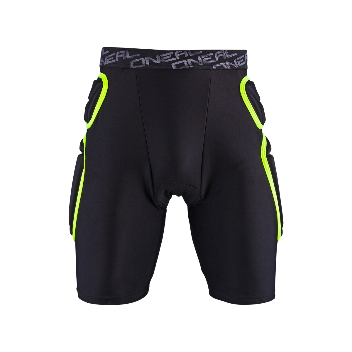 Die O'NEAL TRAIL Short hat ein schwarzes, gepolstertes, sportliches Design mit neongelben Abschlüssen und dem Schriftzug "O'NEAL" auf dem Bund, der sich vor einem schwarzen Hintergrund abhebt.