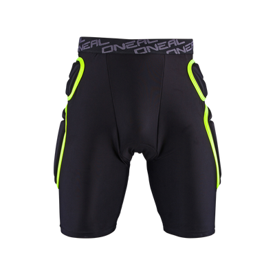 Die O'NEAL TRAIL Short hat ein schwarzes, gepolstertes, sportliches Design mit neongelben Abschlüssen und dem Schriftzug "O'NEAL" auf dem Bund, der sich vor einem schwarzen Hintergrund abhebt.