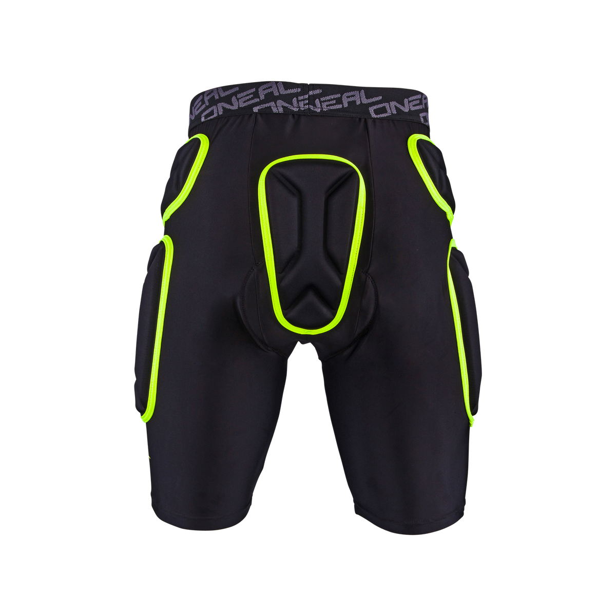 Die O'NEAL TRAIL Short ist eine schwarze, gepolsterte Sporthose mit leuchtend gelb-grüner Polsterung an Oberschenkeln, Hüfte und Leiste sowie einem grauen Bund mit dem Markenzeichen "ONEAL". Sie ist auf einem schlichten schwarzen Hintergrund abgebildet.