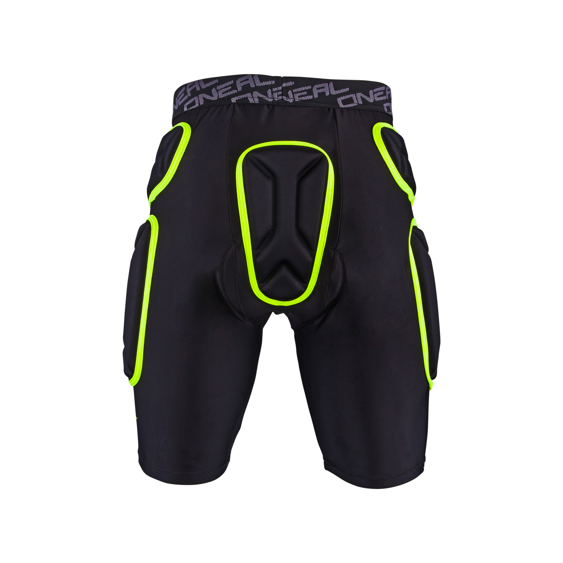 Die O'NEAL TRAIL Short ist eine schwarze, gepolsterte Sporthose mit leuchtend gelb-grüner Polsterung an Oberschenkeln, Hüfte und Leiste sowie einem grauen Bund mit dem Markenzeichen "ONEAL". Sie ist auf einem schlichten schwarzen Hintergrund abgebildet.