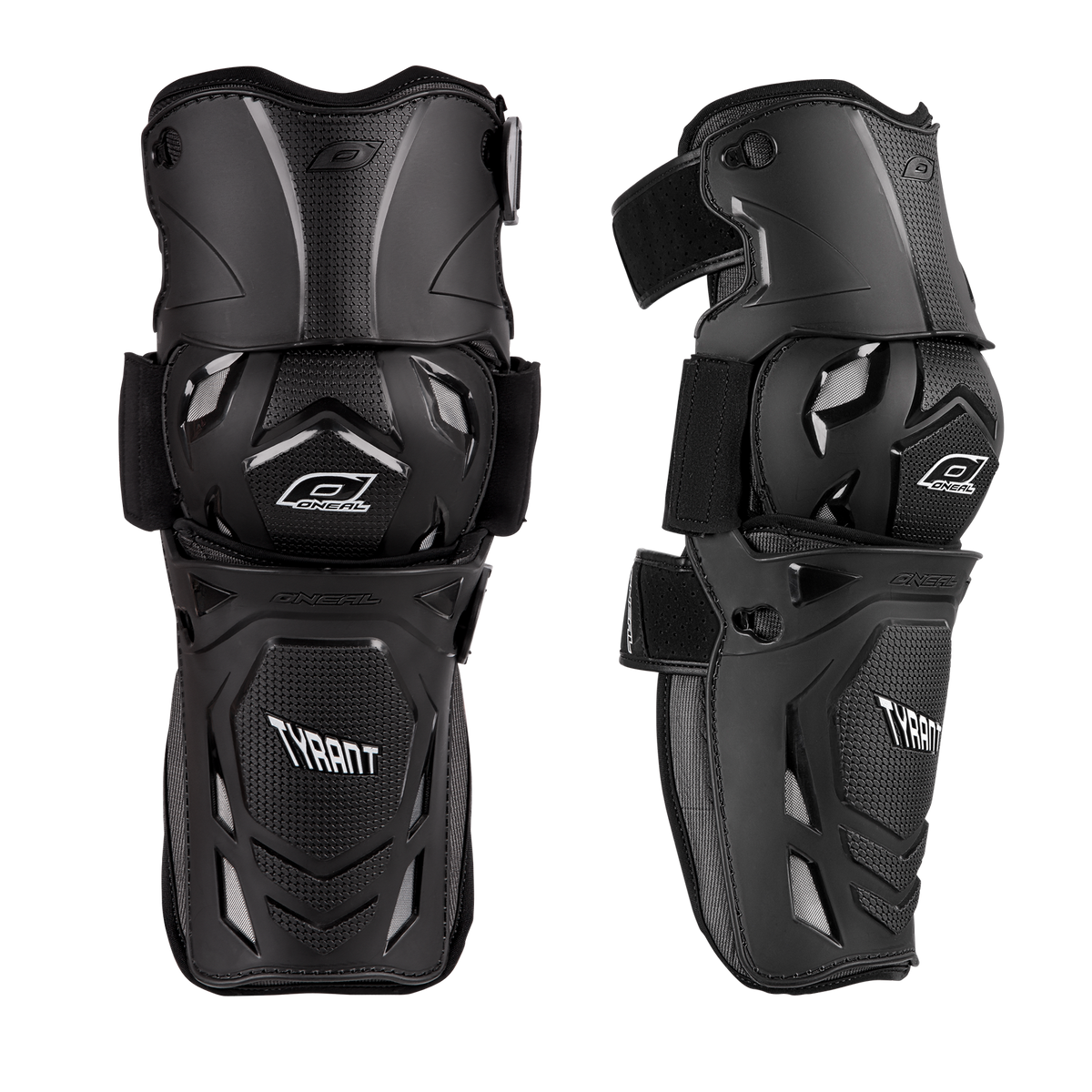 Zwei schwarze O'NEAL TYRANT MX Knieschützer mit verstellbaren Riemen verfügen über harte Außenschalen und Polsterungen zum Schutz, dargestellt in der Vorder- und Seitenansicht.