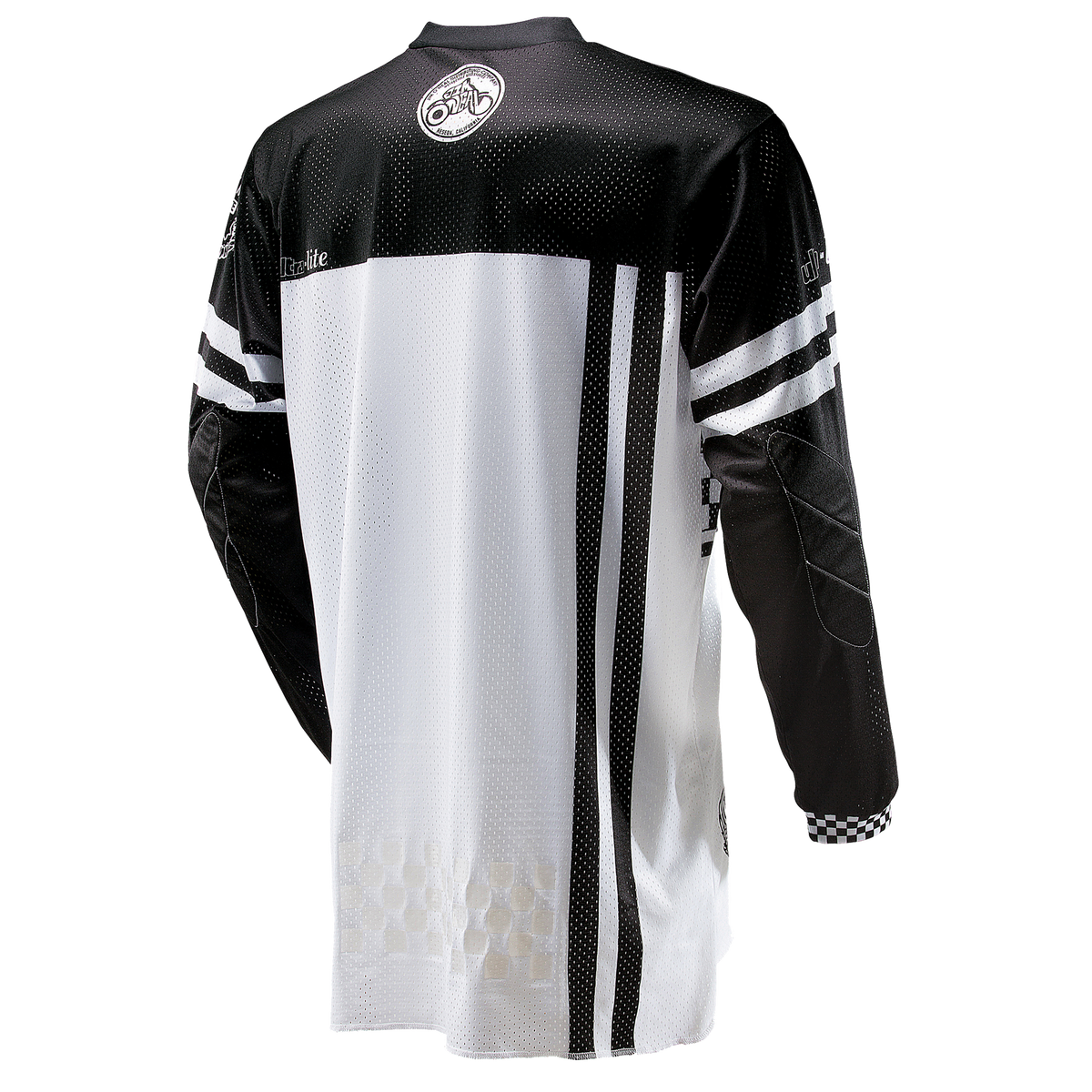 Das O'NEAL ULTRA LITE LE Trikot von O'NEAL ist von hinten abgebildet und hat schwarze, weiße und graue Streifen, ein Logo im Nacken und karierte Bündchen.