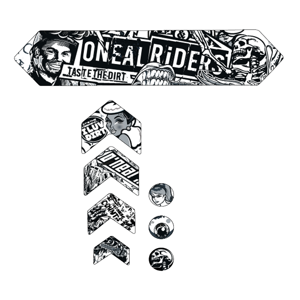 AZONIC FRAME GUARDS von AZONIC zeichnen sich durch schwarz-weiße grafische Aufkleber mit fettem Text, Gesichtern im Comic-Stil, Pfeilen, Kreisen und Sätzen wie "Taste the Dirt" und "Luv Dirt" aus.