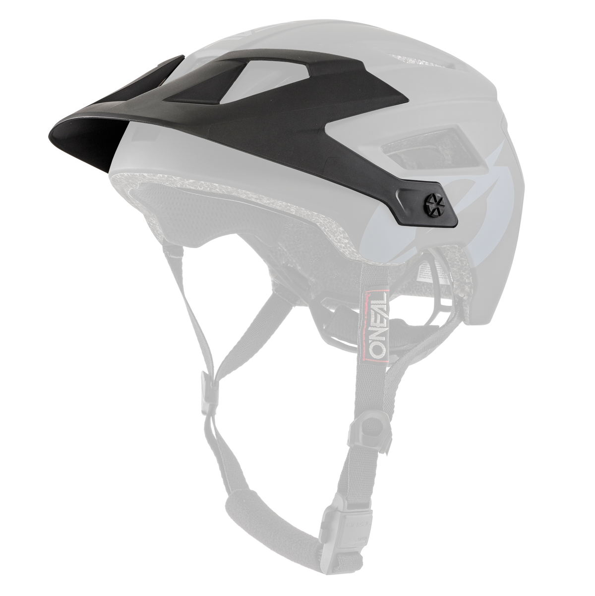 Der O'NEAL Visor DEFENDER Helmet SOLID ist ein mattschwarzer und grauer Mountainbike-Helm mit mehreren Belüftungsöffnungen, einem verstellbaren Visier, Kinnriemen und dem rot-weißen O'NEAL-Logo.