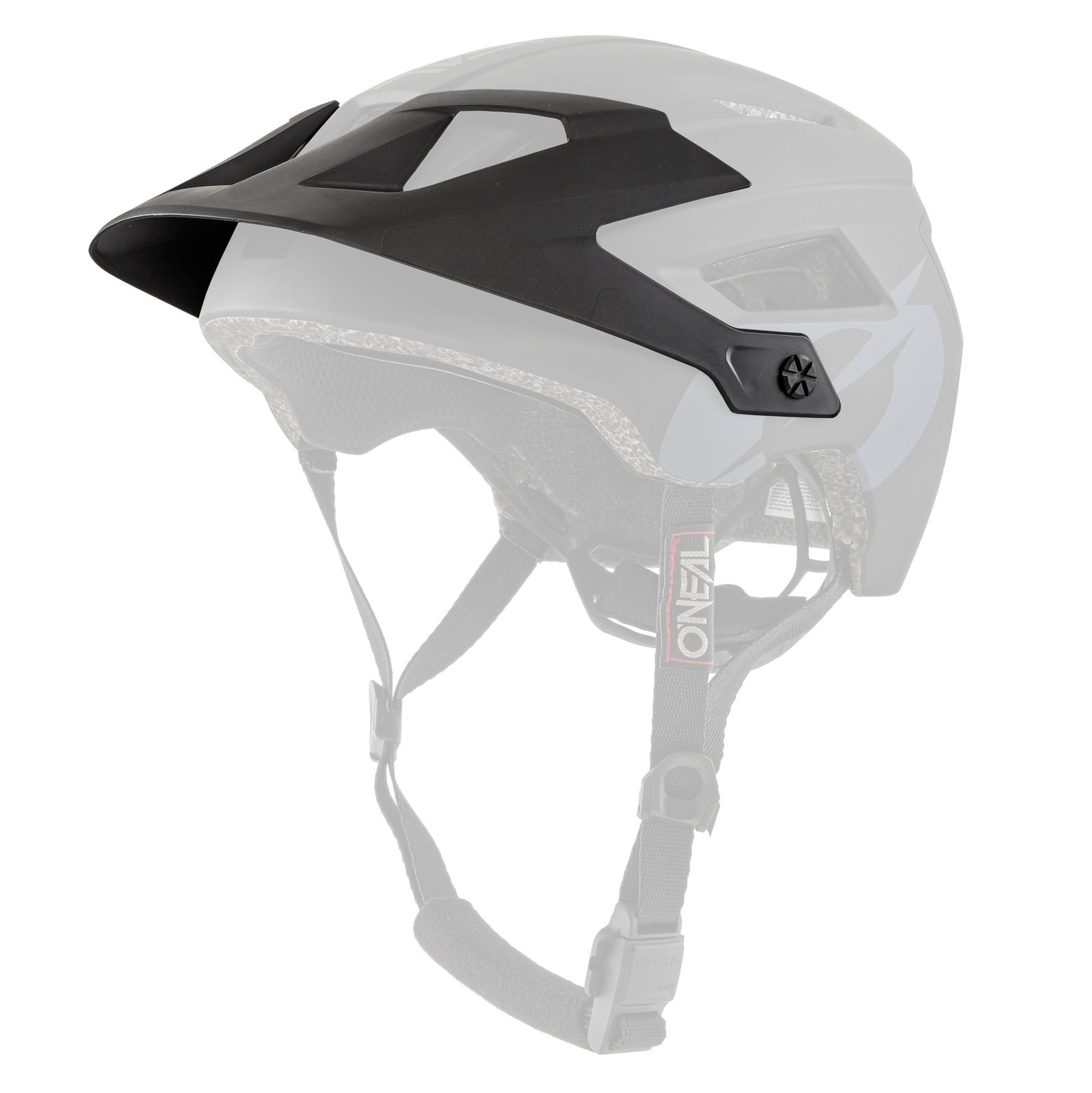 Der O'NEAL Visor DEFENDER Helmet SOLID ist ein mattschwarzer und grauer Mountainbike-Helm mit mehreren Belüftungsöffnungen, einem verstellbaren Visier, Kinnriemen und dem rot-weißen O'NEAL-Logo.