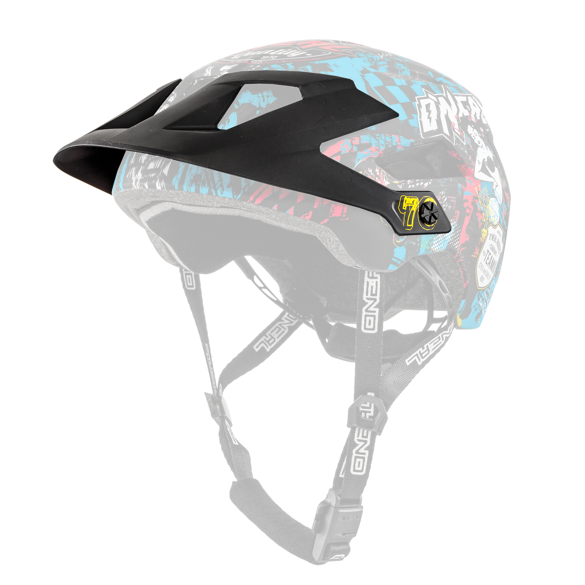 Der O'NEAL Visor DEFENDER Helmet WILD ist ein lebendiger Fullface-Mountainbike-Helm mit schwarzer, roter, blauer und weißer Grafik, einem Visier, dem "O'NEAL"-Logo und sichtbaren, verstellbaren Riemen.