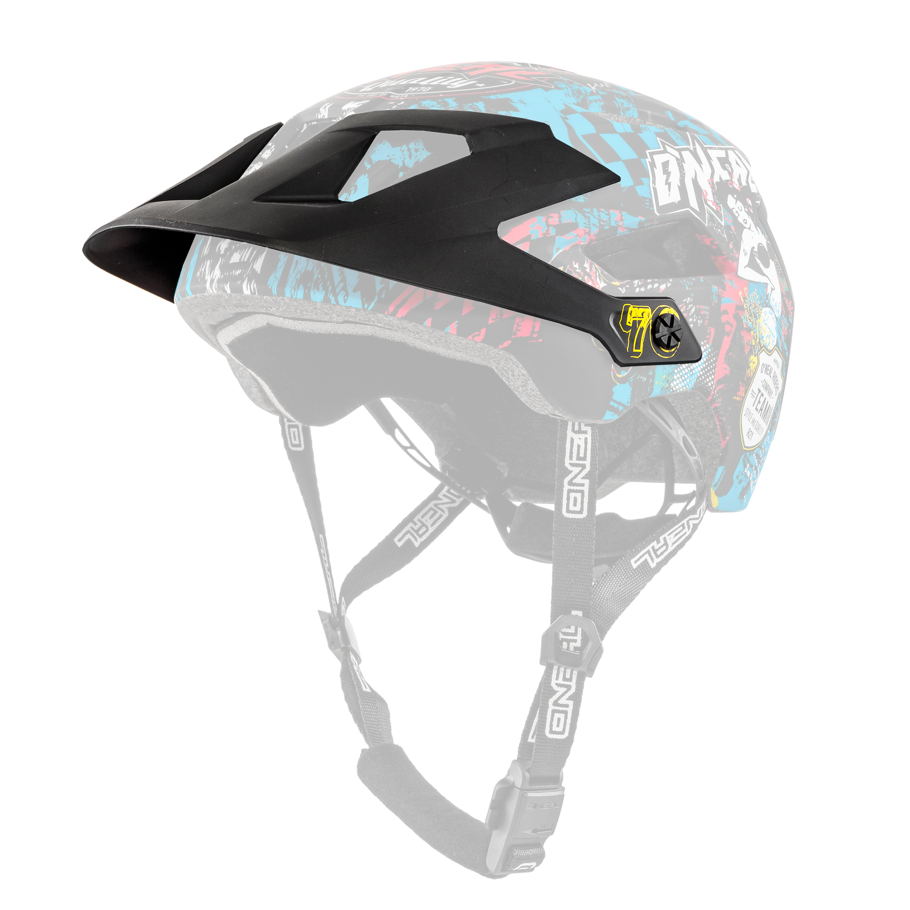 Der O'NEAL Visor DEFENDER Helmet WILD ist ein lebendiger Fullface-Mountainbike-Helm mit schwarzer, roter, blauer und weißer Grafik, einem Visier, dem "O'NEAL"-Logo und sichtbaren, verstellbaren Riemen.