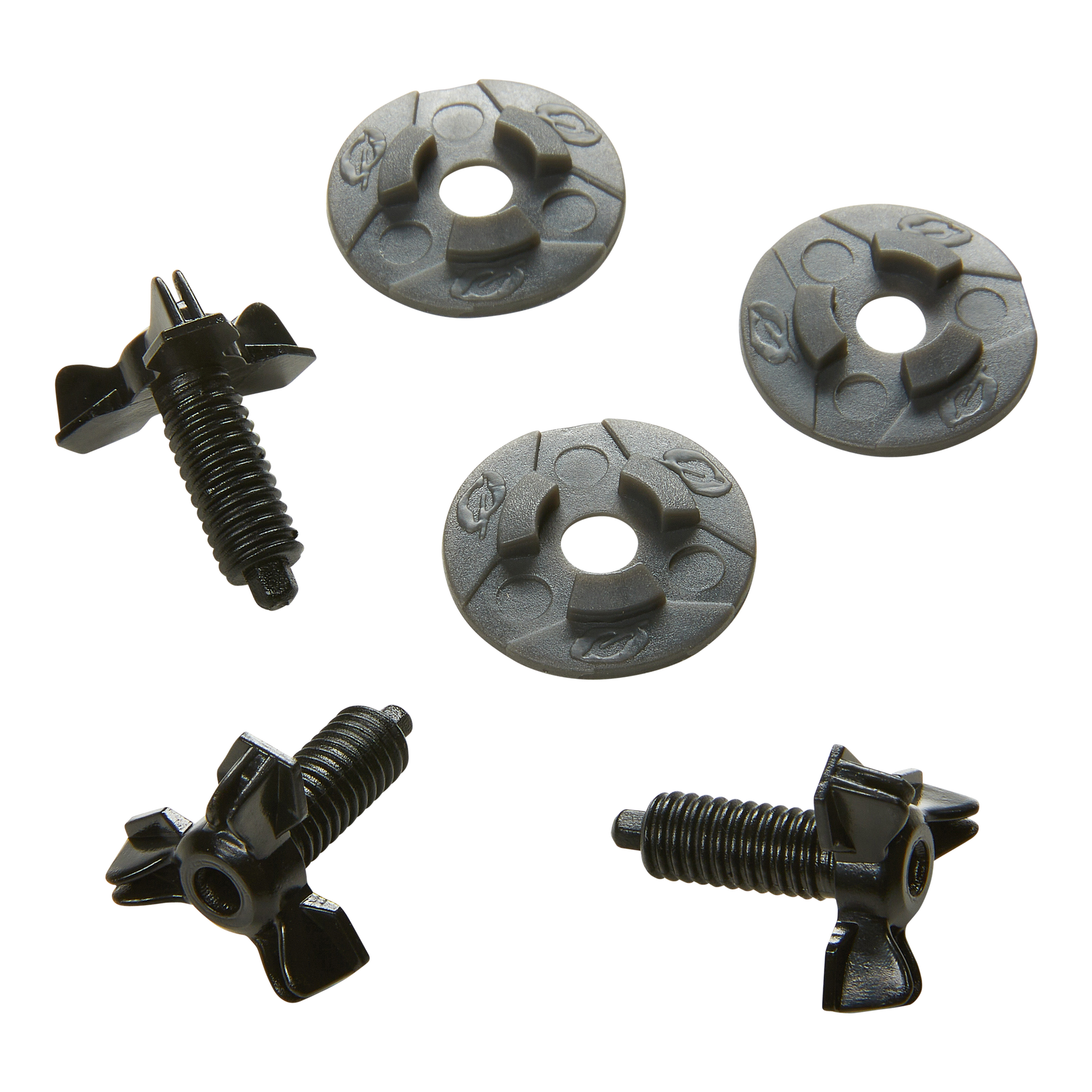 Fünf O'NEAL Break-away Visor Screw Set-Verschlüsse - drei mit runden, scheibenförmigen Köpfen und zwei mit Flügelköpfen und Gewindestangen - sind auf einem einfarbigen Hintergrund angeordnet.