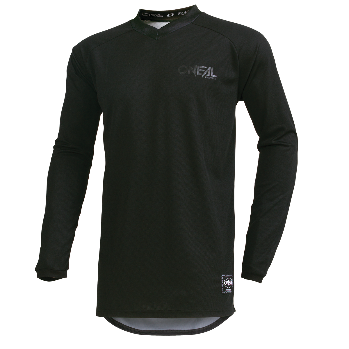 Das O'NEAL ELEMENT Trikot CLASSIC ist ein schwarzes, langärmeliges Trikot aus atmungsaktivem Material mit einem dezenten Logo auf der Brust und einem kleinen Etikett am unteren Saum, das auf weißem Hintergrund abgebildet ist.
