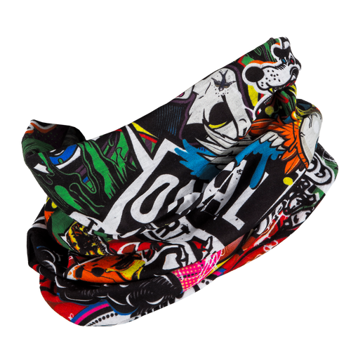 Der O'NEAL Nackenwärmer CRANK ist ein farbenfroher, röhrenförmiger Halswärmer mit auffälligen Grafiken im Comic-Stil, lebendigem Text und Cartoon-Figuren auf schwarzem Hintergrund - ideal für Motocross- oder Mountainbike-Fahrten.