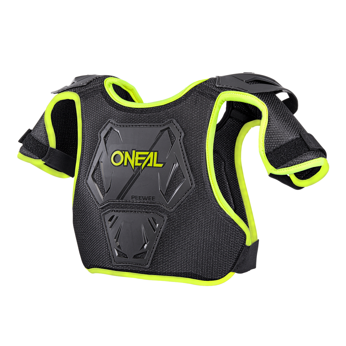 Ein schwarzer O'NEAL PEEWEE Brustpanzer Kinder mit gelber Zierleiste und Schultergurten für Jugend-Motocross oder BMX, von O'NEAL, auf weißem Hintergrund.