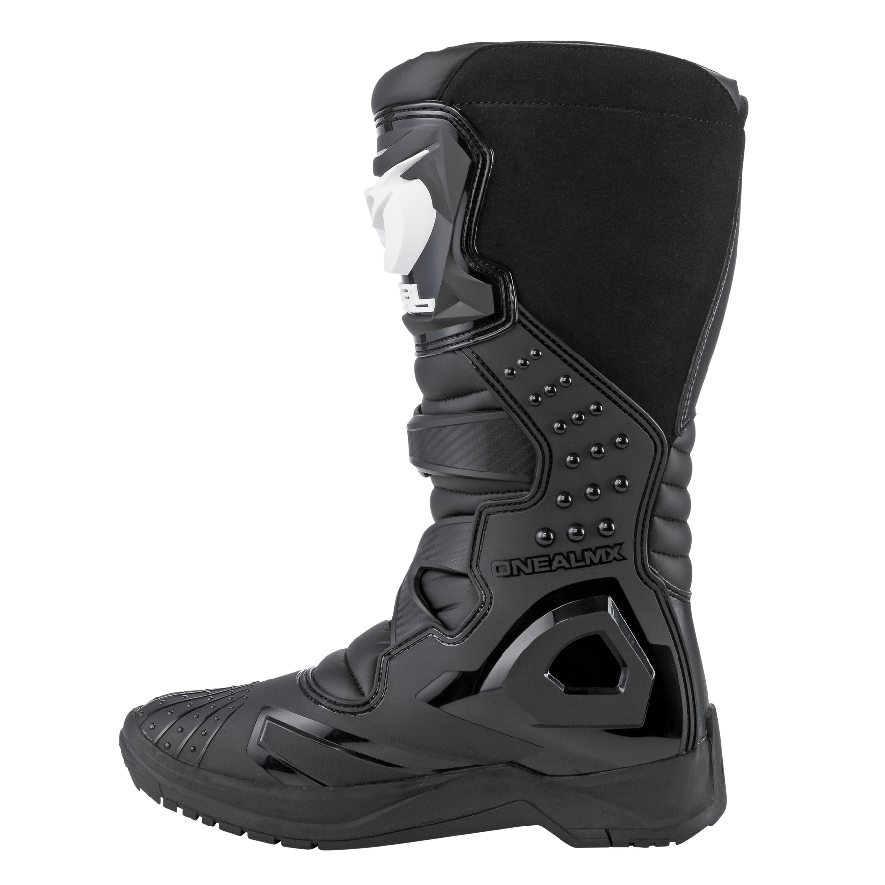 Der O'NEAL RSX Stiefel in Schwarz verfügt über verstärkten Schutz, strukturierte Paneele, Metallic-Noppen und das "ONEAL MX"-Logo an der Seite. Dieser Motocross-Stiefel reicht bis zur Wade und hat eine robuste, langlebige Sohle.