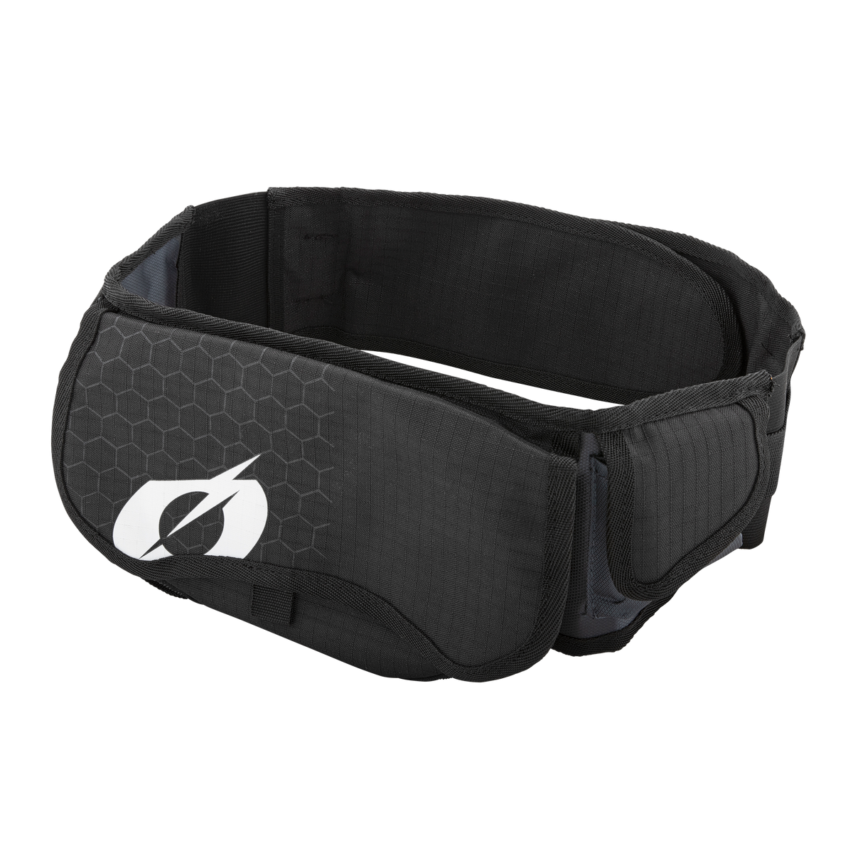 Die O'NEAL WAIST Werkzeugtasche ist ein schwarzer Hüftgürtel mit sechseckigem Muster und weißem Logo, der mit Klettverschlüssen verstellbar ist - ideal als stylische Hüfttasche oder Waist Toolbag.