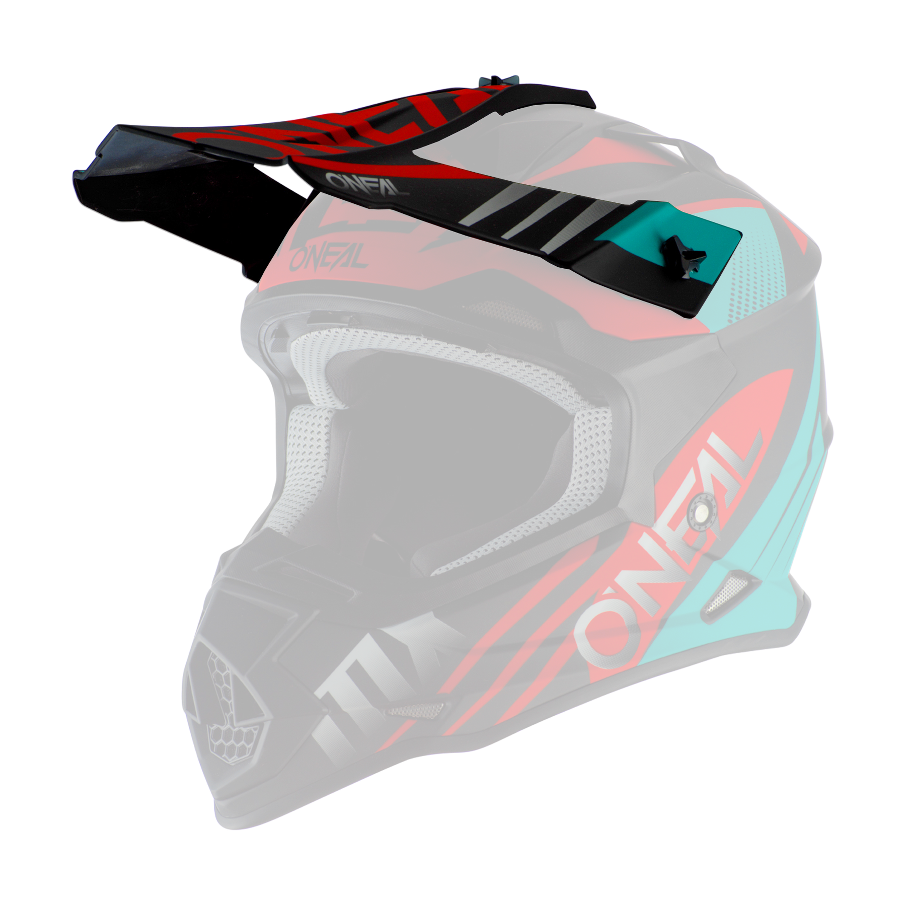 Der O'NEAL Visor 2SRS Helm SPYDE 2.0 ist ein farbenfroher Motocross-Helm mit roten, schwarzen, türkisen und grauen Grafiken, einem Visier, Belüftungsöffnungen, gepolstertem Innenraum und dem "O'NEAL"-Logo an der Seite.