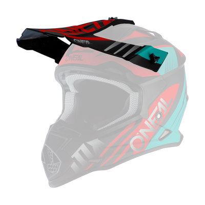 Der O'NEAL Visor 2SRS Helm SPYDE 2.0 ist ein farbenfroher Motocross-Helm mit roten, schwarzen, türkisen und grauen Grafiken, einem Visier, Belüftungsöffnungen, gepolstertem Innenraum und dem "O'NEAL"-Logo an der Seite.