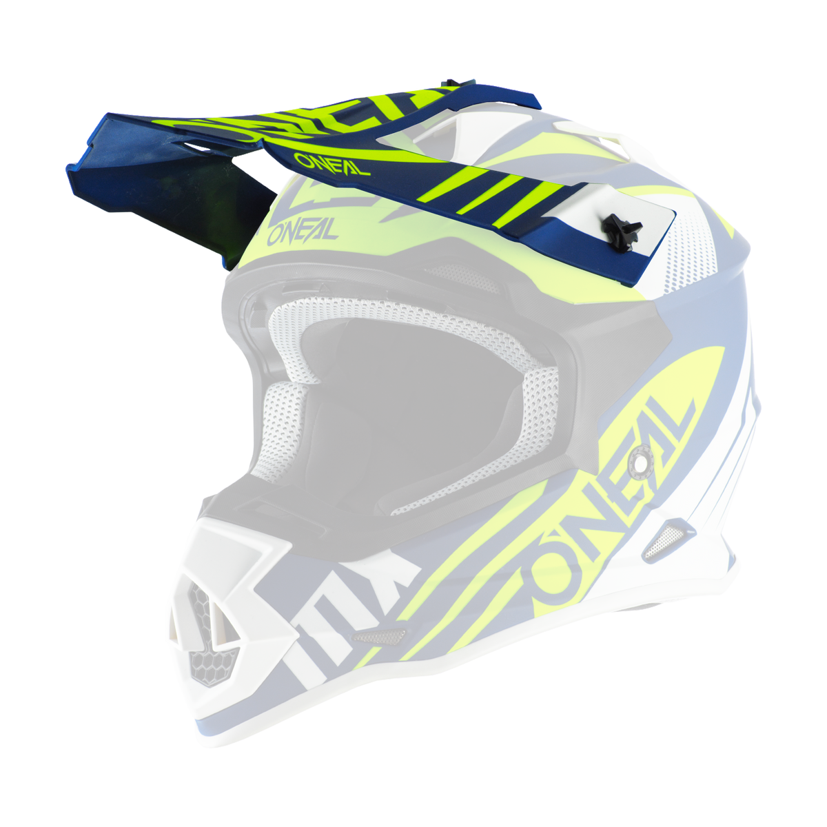 Der O'NEAL Visor 2SRS Helm SPYDE 2.0 ist in den Farben Blau, Weiß und Neongelb gehalten und verfügt über ein Visier, schwarze Zierleisten, eine Mesh-Mundöffnung und auffällige seitliche Grafiken.