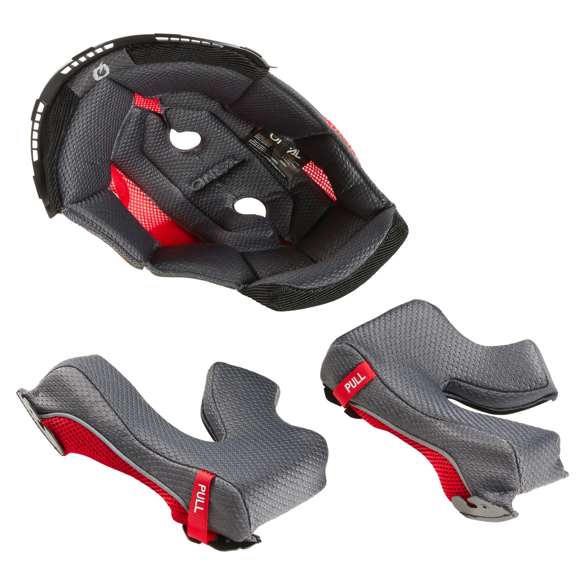 Das O'NEAL Liner & Cheek Pads 5SRS Helmset besteht aus einem grauen und roten, abnehmbaren, gepolsterten Kopfpolster und Wangenpolstern mit roten "PULL"-Laschen aus atmungsaktivem Netzgewebe.