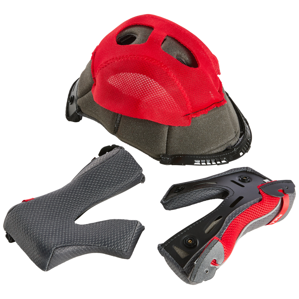 Das O'NEAL Liner & Cheek Pads 5SRS Helmet Set besteht aus einem roten und grauen Headliner, einem grauen V-förmigen Pad und einem schwarzen und roten Y-förmigen Pad von O'NEAL, die alle auf einem weißen Hintergrund abgebildet sind.