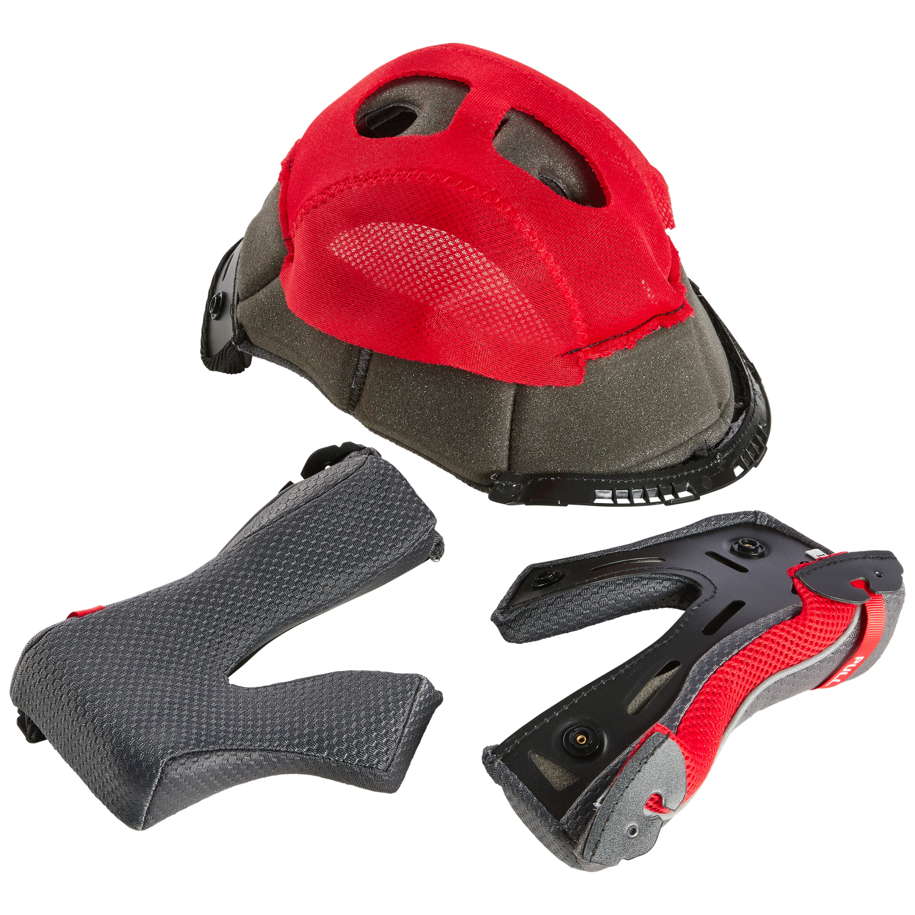 Das O'NEAL Liner & Cheek Pads 5SRS Helmet Set besteht aus einem roten und grauen Headliner, einem grauen V-fƶrmigen Pad und einem schwarzen und roten Y-fƶrmigen Pad von O'NEAL, die alle auf einem weiĆen Hintergrund abgebildet sind.