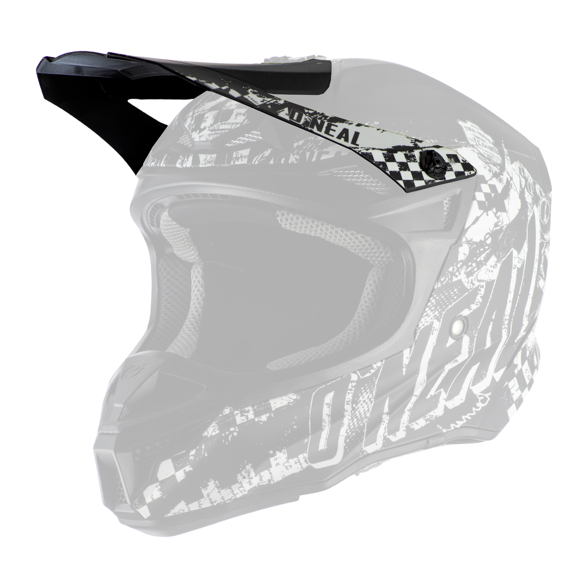 Der O'NEAL Visor 5SRS Polyacrylite Helmet RIDER ist ein schwarz-weißer Fullface-Motocross-Helm mit auffälligen Grafiken, "O'NEAL"-Schriftzug an der Seite, einem Visier und Netzpolsterung.