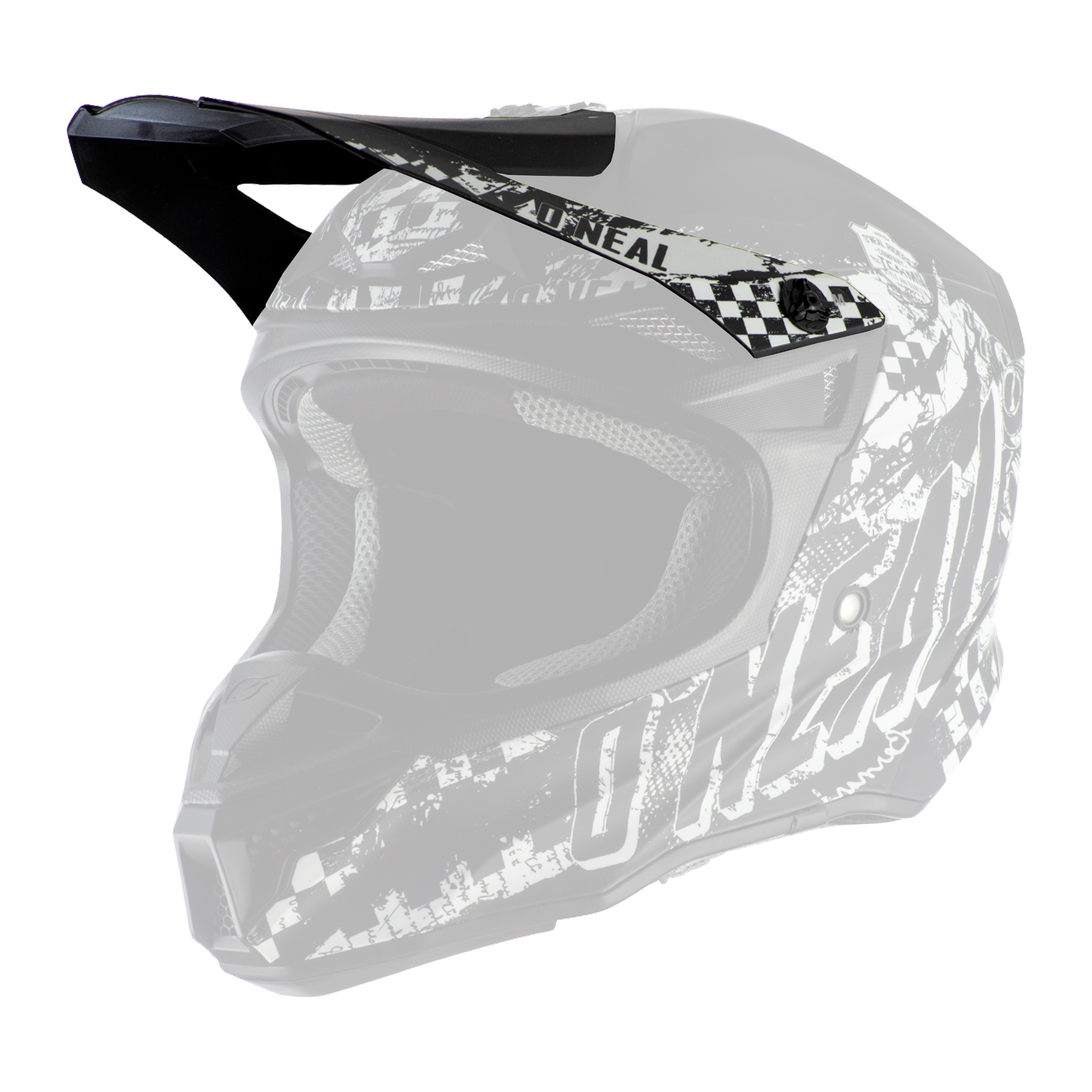 Der O'NEAL Visor 5SRS Polyacrylite Helmet RIDER ist ein schwarz-weißer Fullface-Motocross-Helm mit auffälligen Grafiken, "O'NEAL"-Schriftzug an der Seite, einem Visier und Netzpolsterung.