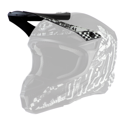 Der O'NEAL Visor 5SRS Polyacrylite Helmet RIDER ist ein schwarz-weißer Fullface-Motocross-Helm mit auffälligen Grafiken, "O'NEAL"-Schriftzug an der Seite, einem Visier und Netzpolsterung.