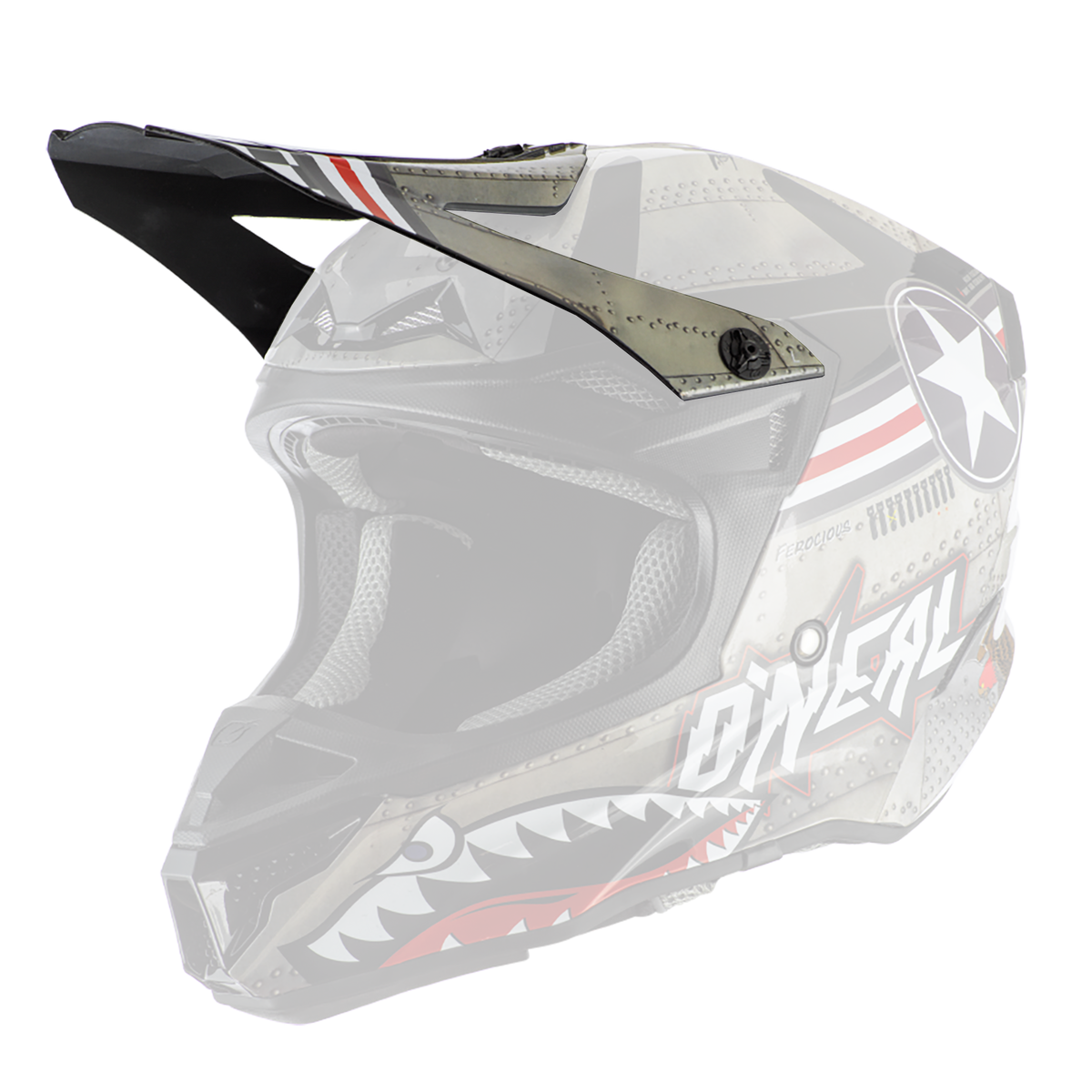 Der O'NEAL Visor 5SRS Helm WINGMAN hat ein schwarzes Visier, ein Haifischmaul mit scharfen Zähnen, Metallnieten, einen weißen Stern in einem Kreis und den O'NEAL-Markennamen an der Seite.