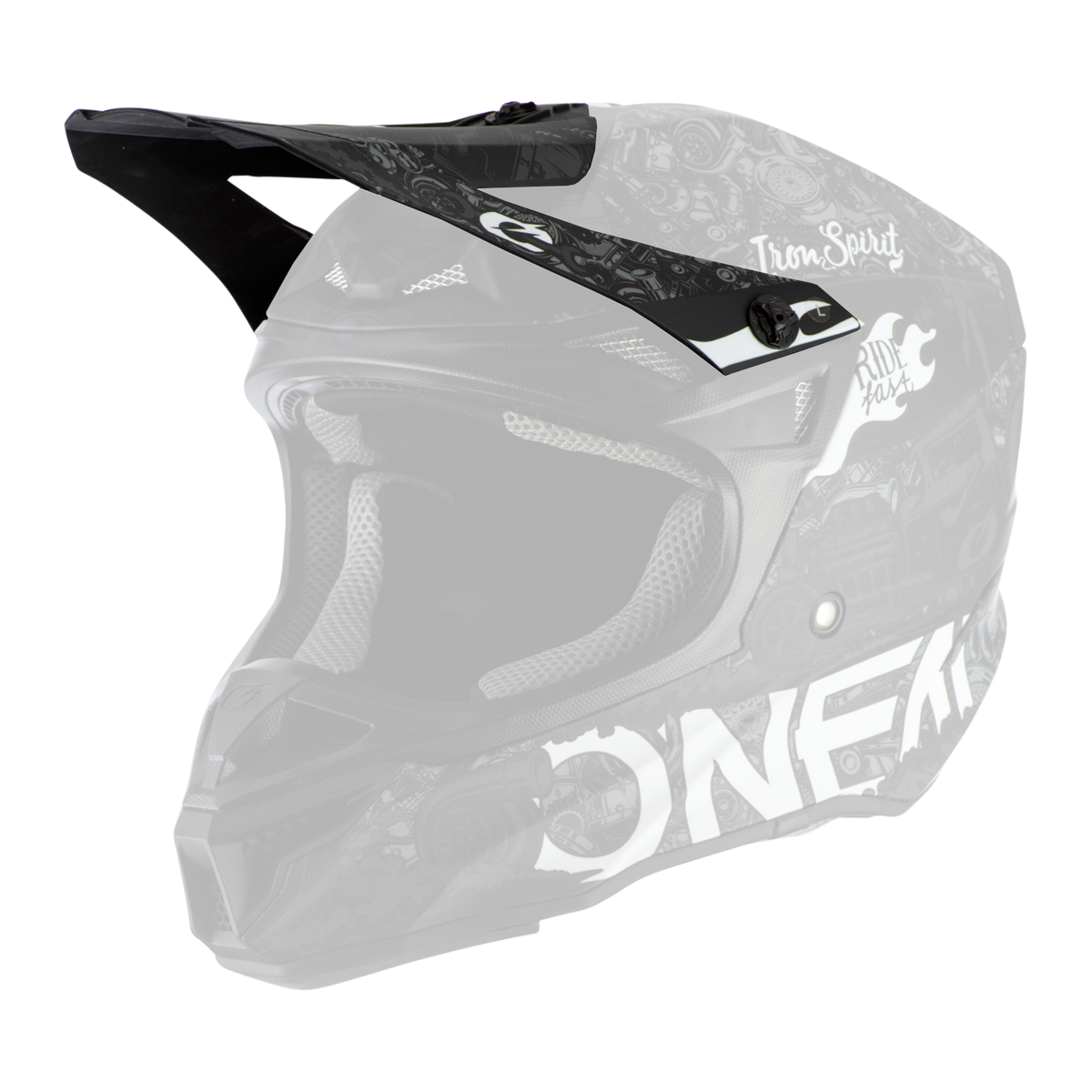 Der O'NEAL Visor 5SRS Polyacrylite Helmet HR ist ein schwarzer, offener Motocross-Helm mit Visier, weißen Grafiken, Zahnraddesigns, den Slogans "Iron Spirit" und "Ride Fast" sowie markanten Lüftungsbereichen.