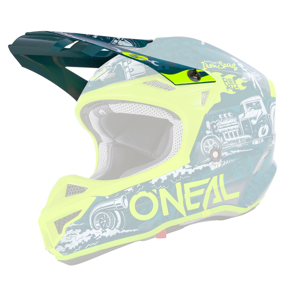 Der O'NEAL Visor 5SRS Polyacrylite Helmet HR ist ein lebendiger Motocross-Helm mit neongelber Zierleiste, dunkelblauen Grafiken, Abbildungen von Trucks und dem markanten "O'NEAL"-Logo an der Seite.