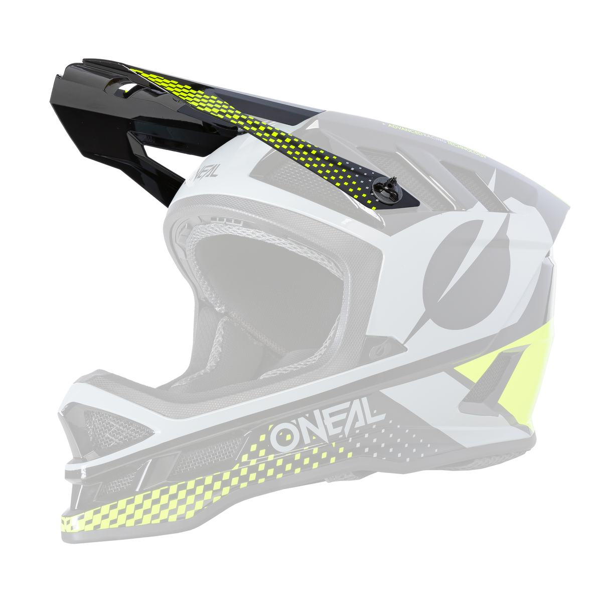 Der O'NEAL Visor BLADE Polyacrylite Helmet ACE ist ein Motocross-Vollvisierhelm in schwarzem, grauem und neongelbem geometrischem Design, der im Profil mit einem markanten Visier und Kinnschutz mit dem O'NEAL-Markennamen abgebildet ist.