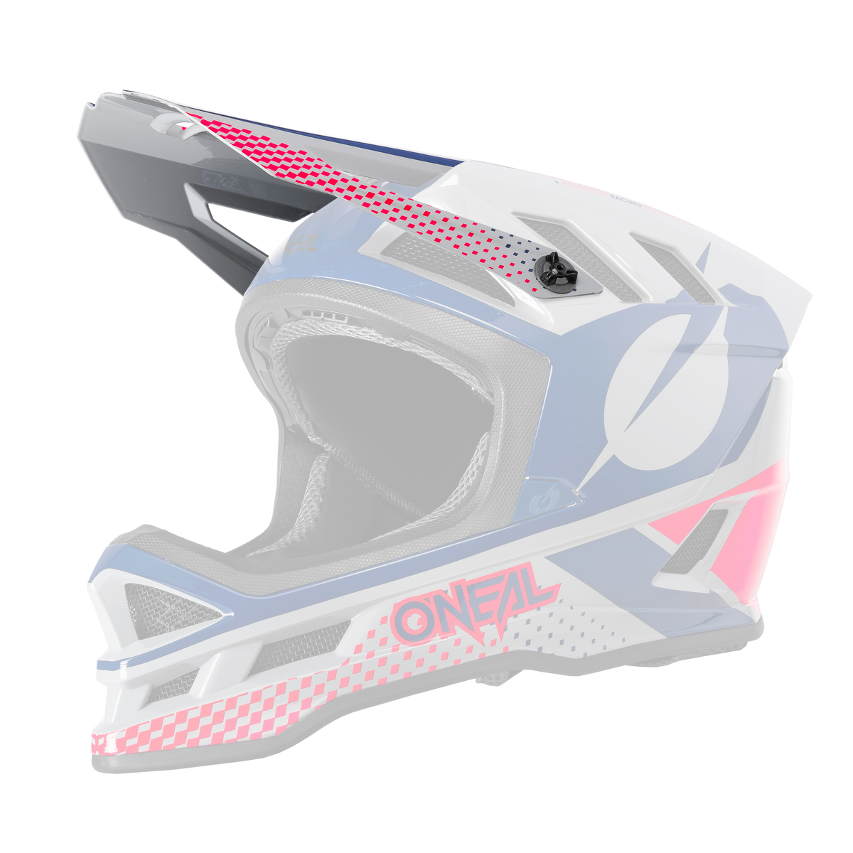 Der O'NEAL Visor BLADE Polyacrylite Helmet ACE ist ein blau-weiß-roter Vollvisier-Motocross-Helm mit Visier, Kinnschutz, geometrischen Mustern und rotem "O'NEAL"-Schriftzug an der Seite.