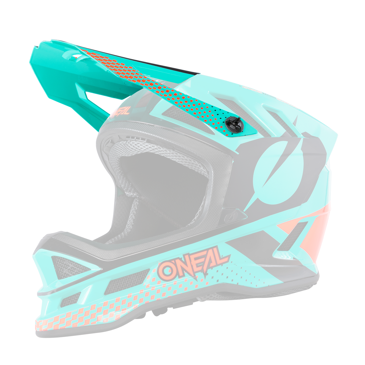 Der O'NEAL Visor BLADE Polyacrylite Helmet ACE ist ein Motocross-Vollvisierhelm in Türkis und Schwarz mit orangefarbenen und weißen Akzenten und dem O'NEAL-Logo, das im Profil auf schwarzem Hintergrund dargestellt ist.