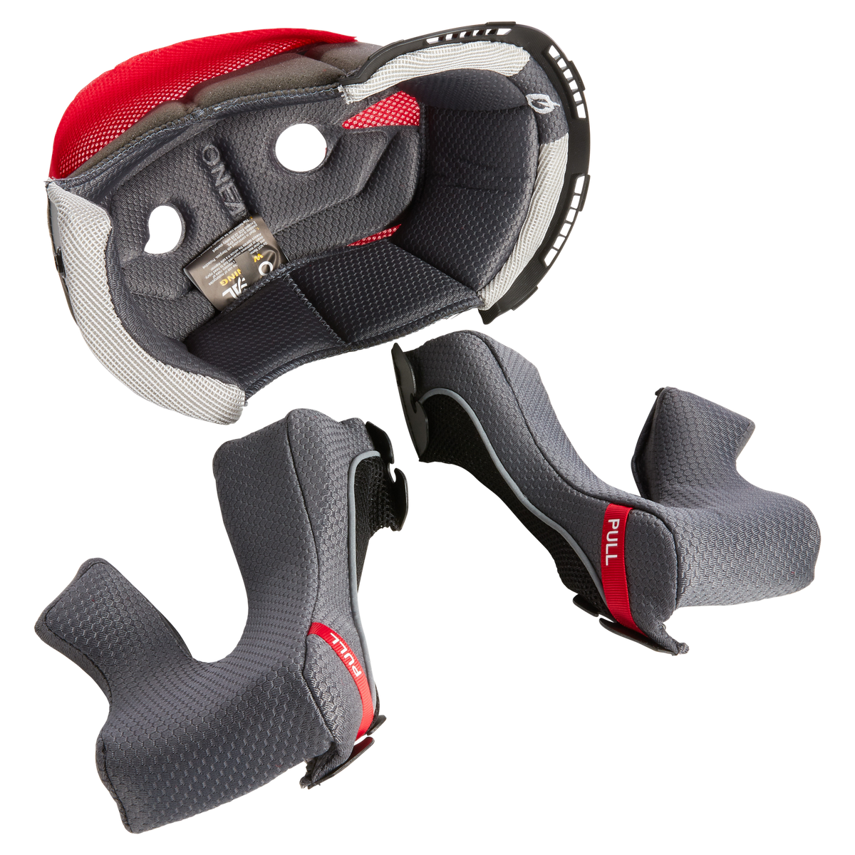 Das O'NEAL Liner & Cheek Pads 10SRS Helmset besteht aus einem grauen Innenfutter und zwei abnehmbaren Wangenpolstern mit roten "PULL"-Laschen, die separat vor einem weißen Hintergrund abgebildet sind.