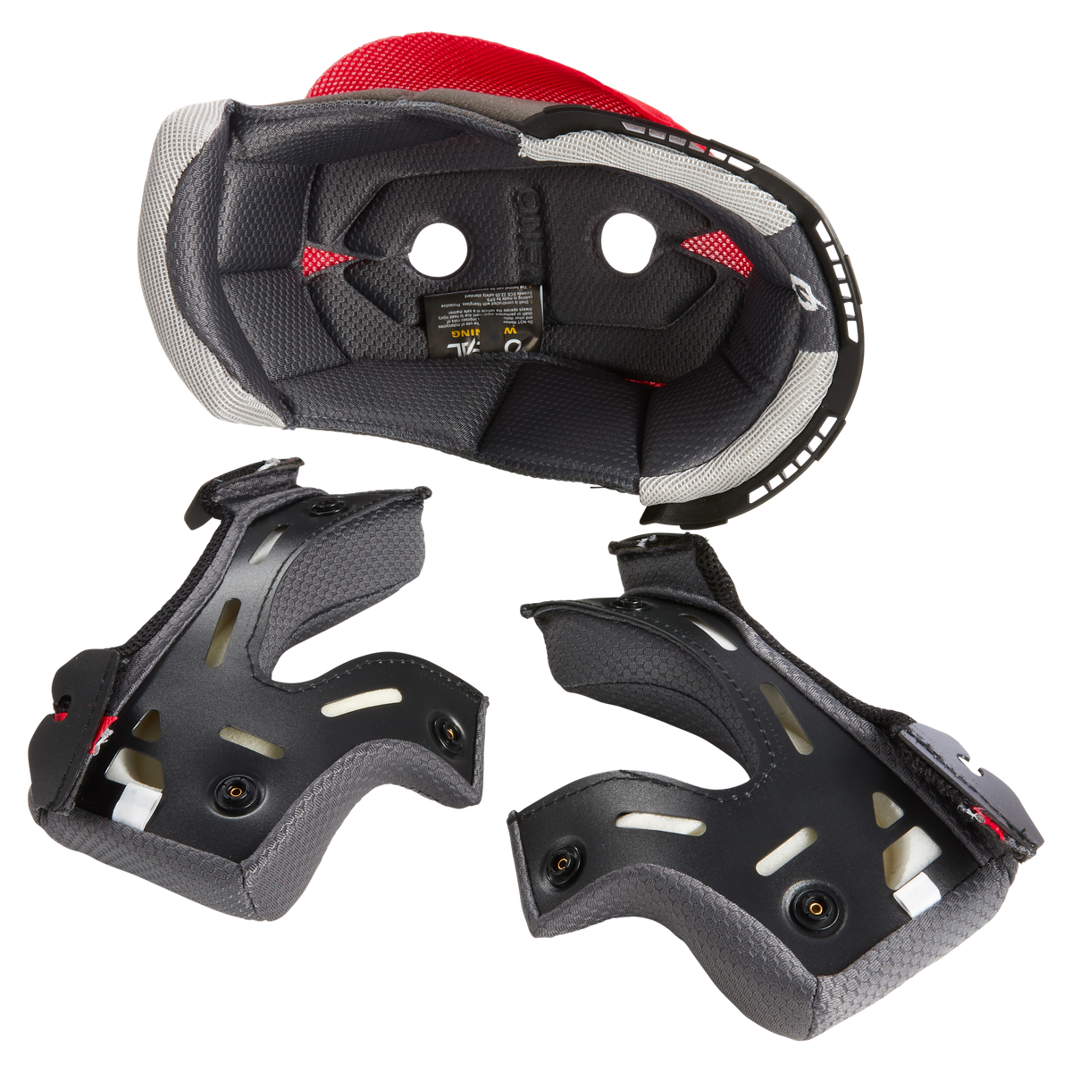 Der O'NEAL Liner & Cheek Pads 10SRS Helm von O'NEAL zeigt sich von innen mit zwei herausnehmbaren schwarz-roten Innenpolstern mit Belüftungslöchern an der Front.
