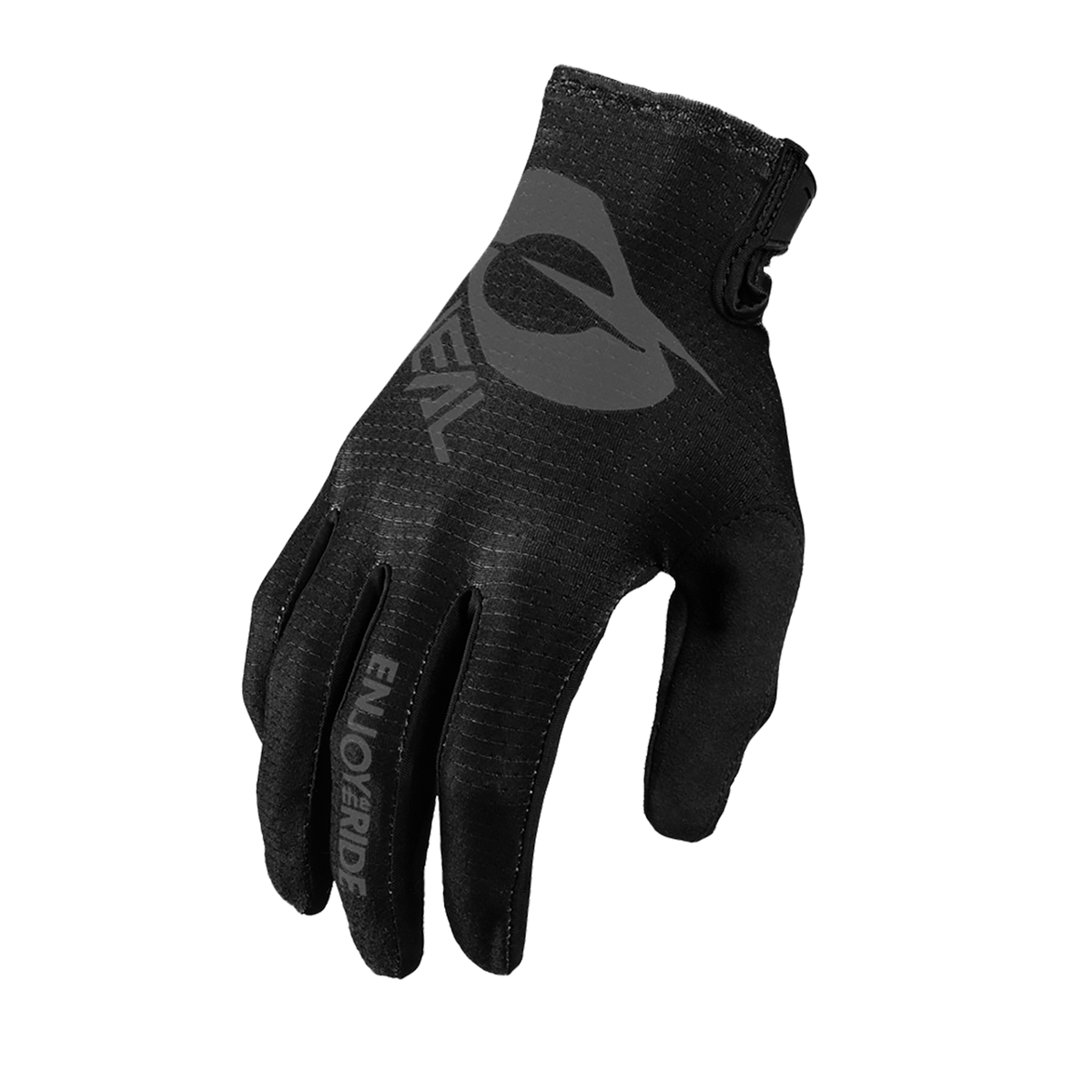 Ein einzelner schwarzer O'NEAL MATRIX Handschuh STACKED Fahrradhandschuh mit großem grauen Logo und "ENJOYRIDE" auf dem Zeigefinger, ideal als Mountainbike Handschuh, abgebildet vor einem transparenten Hintergrund.